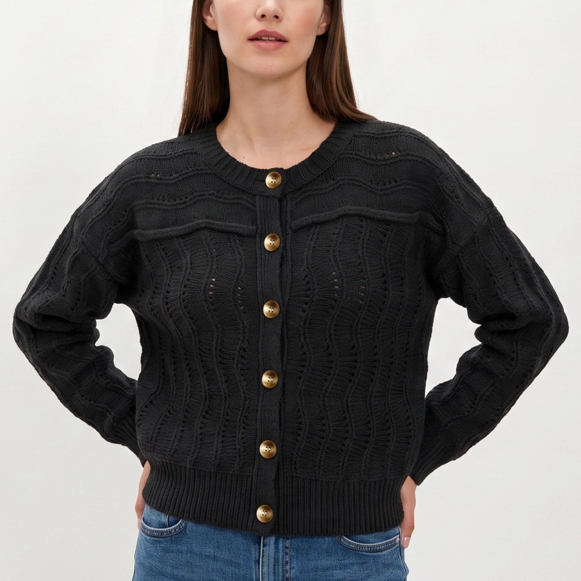 Anna-Kaci Women's Wavy Pointelle Button-Front Long Sleeve Knit Cardigan