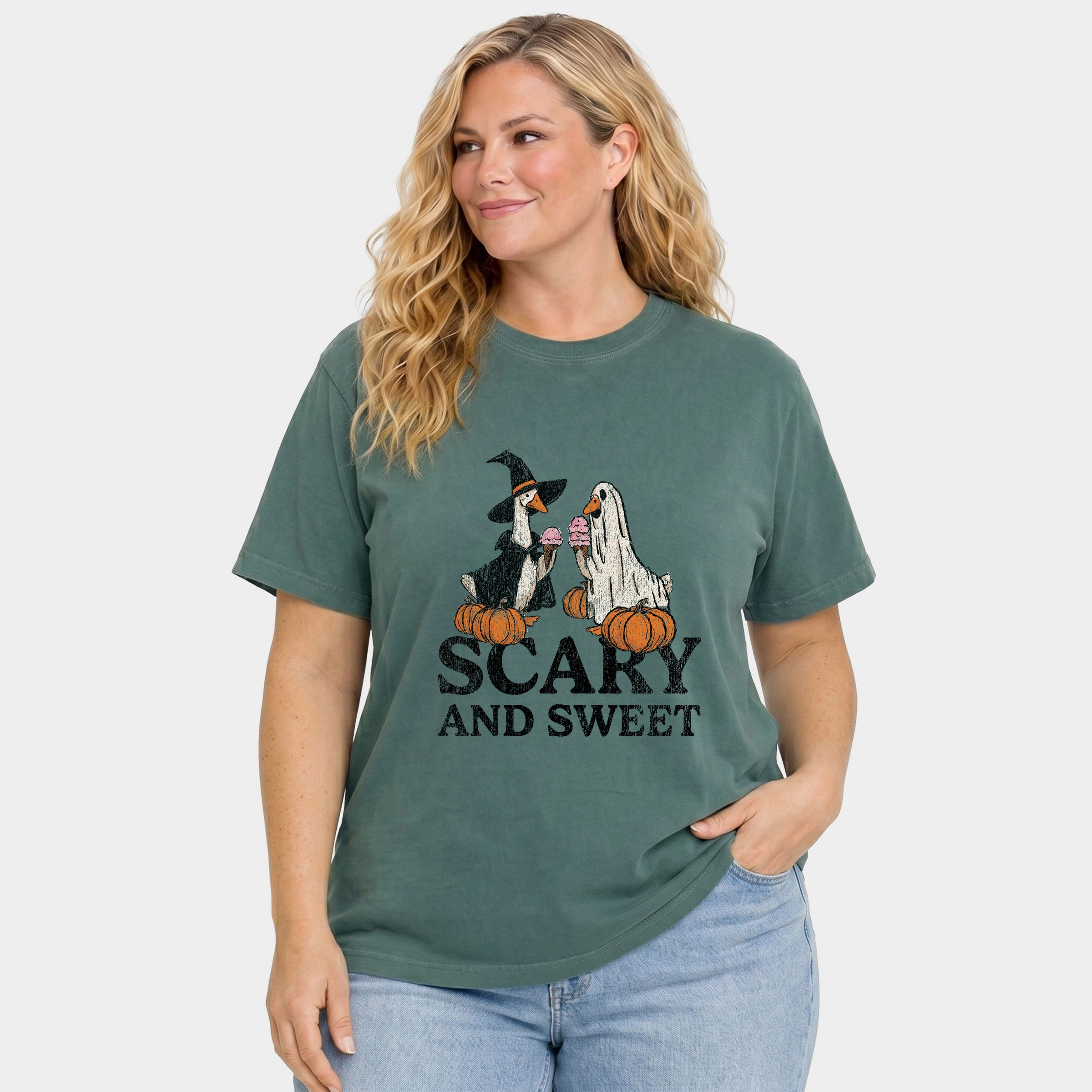 Simply Sage Market - Women's Plus Sized Garment Dyed Graphic T-Shirt Scary and Sweet Geese
