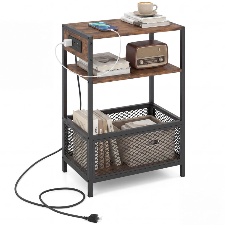 Hivvago 3-Tier Industrial Side Table With 2 Ac Outlets And 1 Type-C Ports
