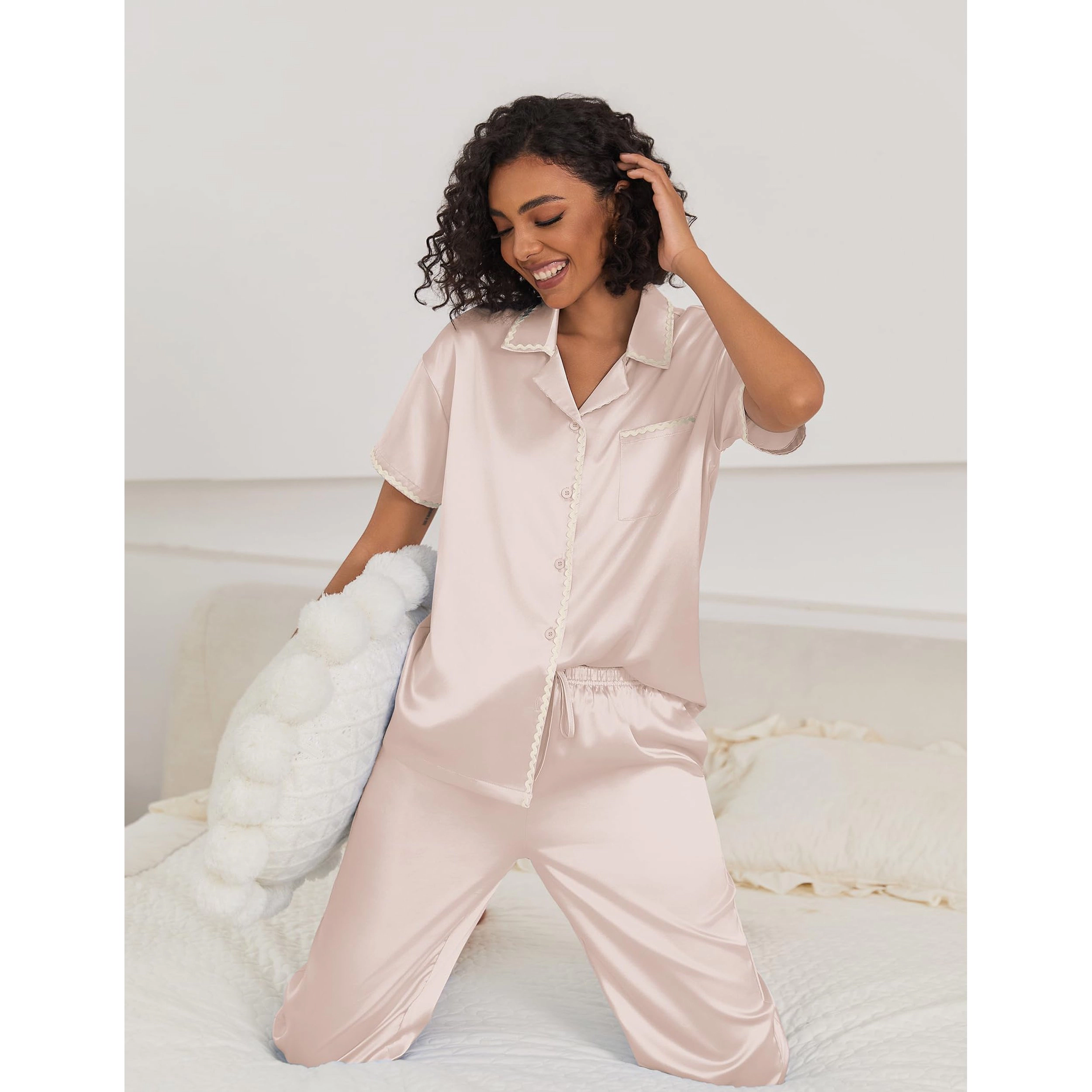 Ekouaer Silk Pajamas for Women Set Satin Two Piece Pjs Sets Ric Rac Trim Contrast Loungewear