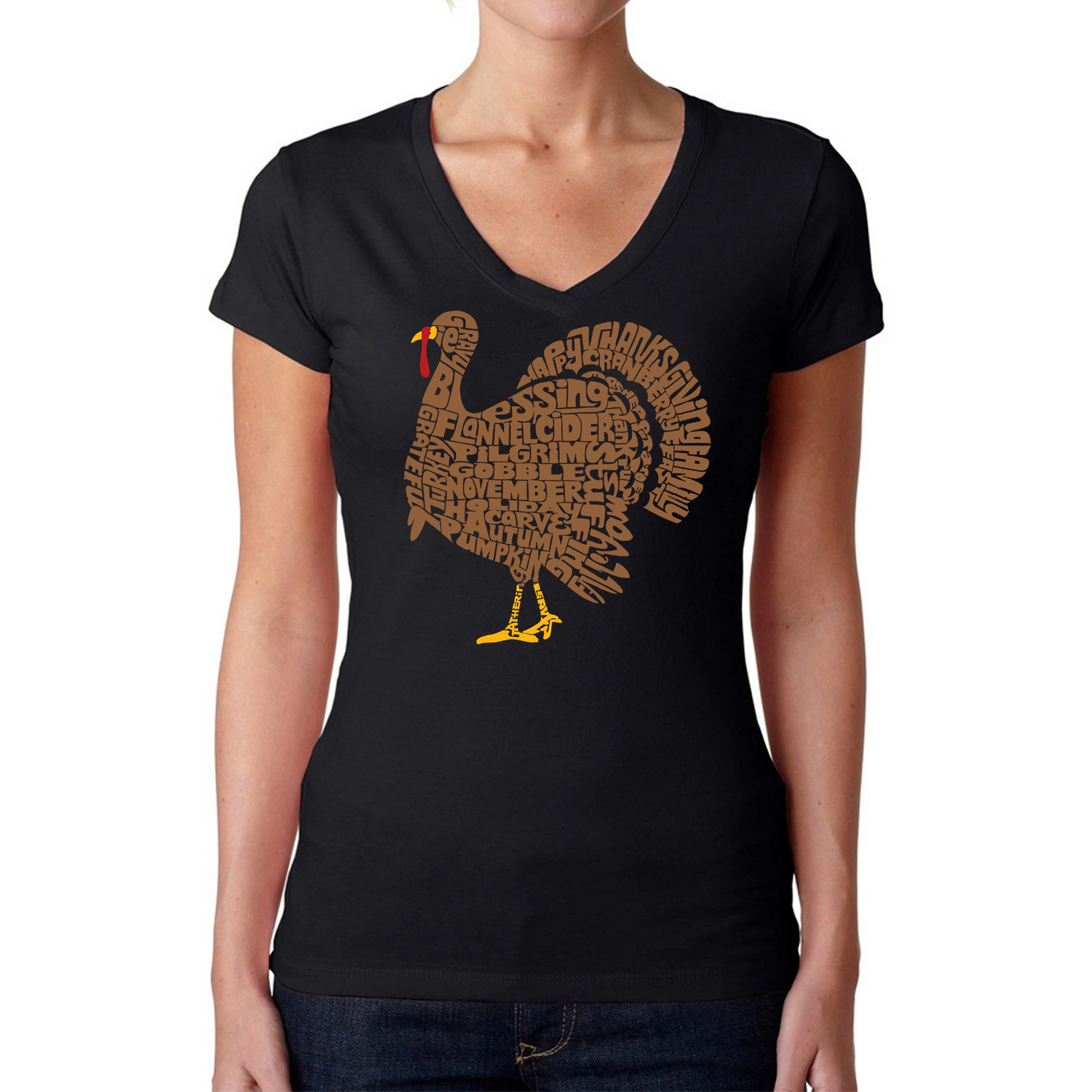 LA Pop Art Womens Word V-Neck T-Shirt - Thankgiving Turkey