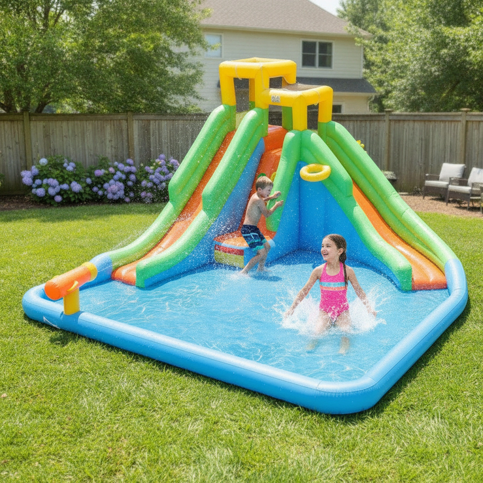 Inflatable Water Slide for Kids Backyard with Double Slides Splash Pool Water Cannon Climbing Wall