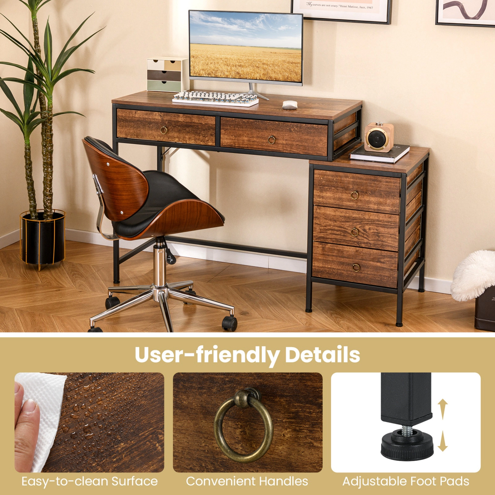 SUGIFT 51-in Computer Desk with 5 Drawers and Side File Cabinet 380-lb Capacity Rustic Brown & Black Home Office Desk