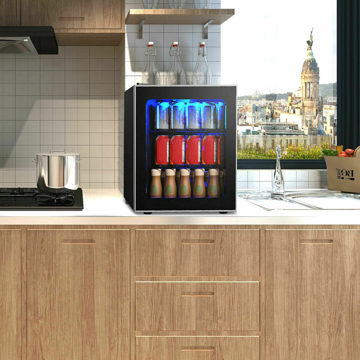 SUGIFT Black 60-Can Beverage Refrigerator with Glass Door and 2 Slide-Out Shelves 1.6-Cu-Ft 17.5-in W 19.5-in H