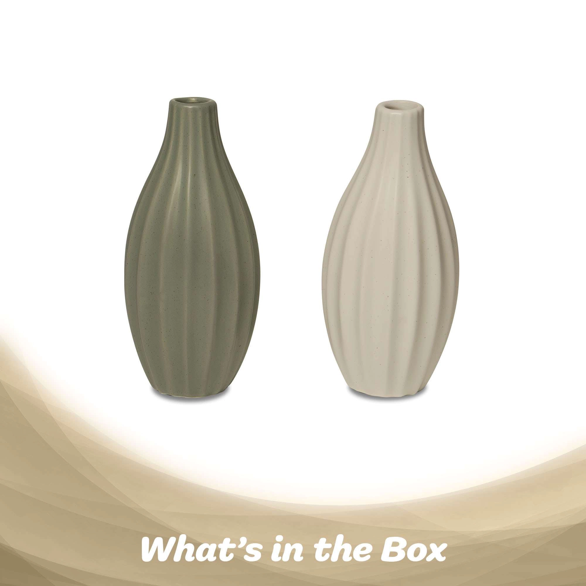 G128 Set of 2 7.75 in Ribbed Ceramic Vases Olive Green and Cream Modern Matte Home Decor