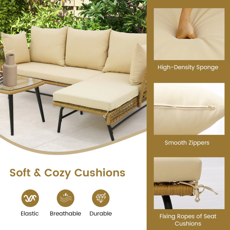 Hivvago 3 Pieces L-Shaped Patio Sofa With Cushions And Tempered Glass Table