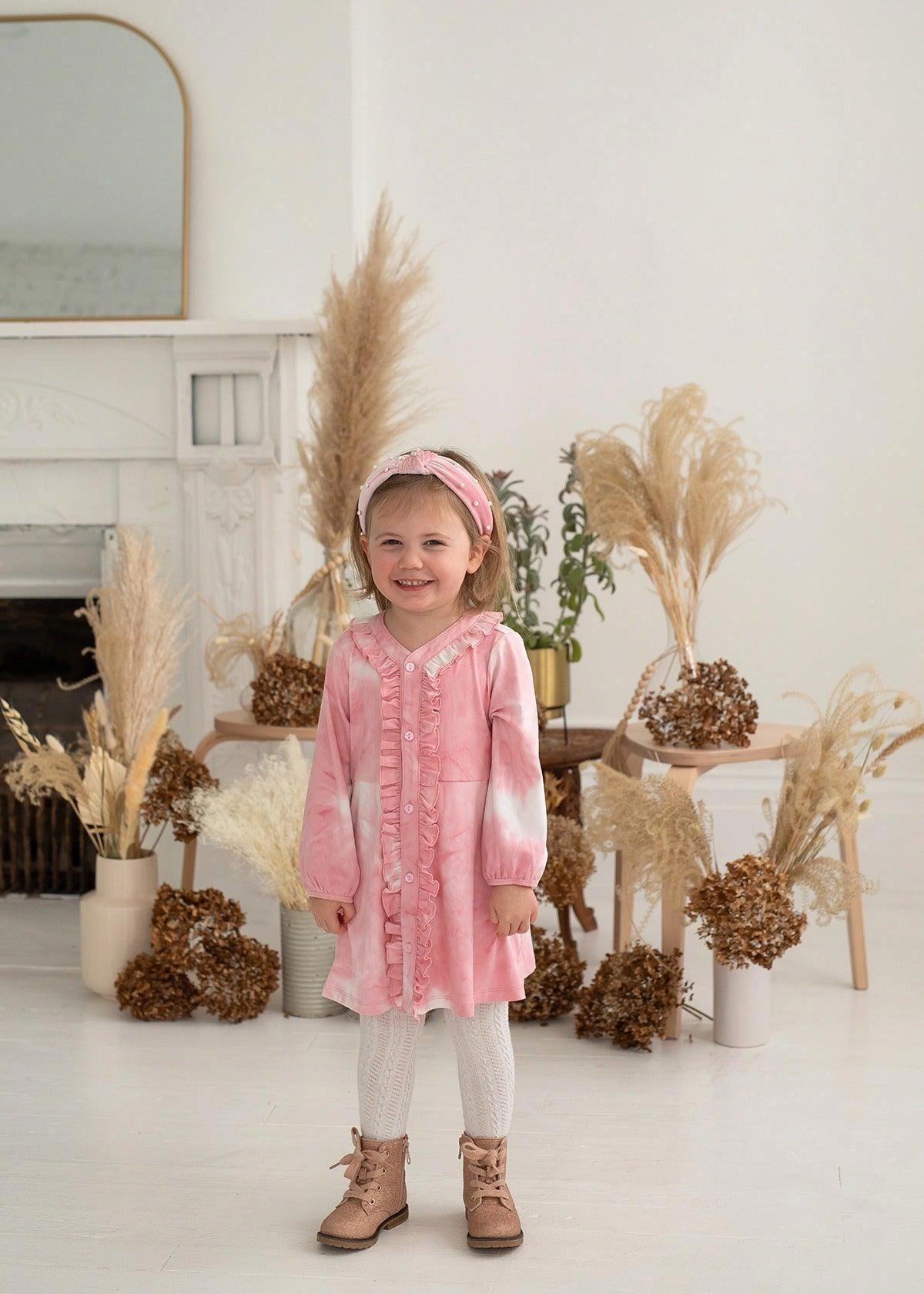 Mabel and Honey Pink Tie-Dye Ruffle Knit Dress for Girls