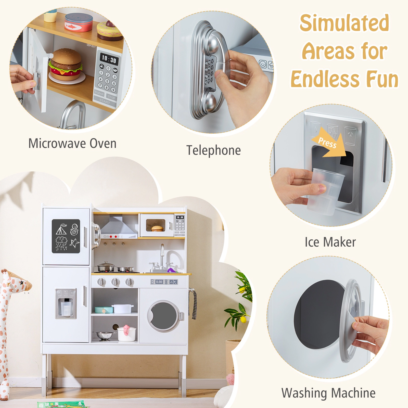 SUGIFT Adjustable Pretend Play Kitchen Playset Range Hood Ice Maker Telephone & Storage Ages 3+ Pink/White/Light Pink