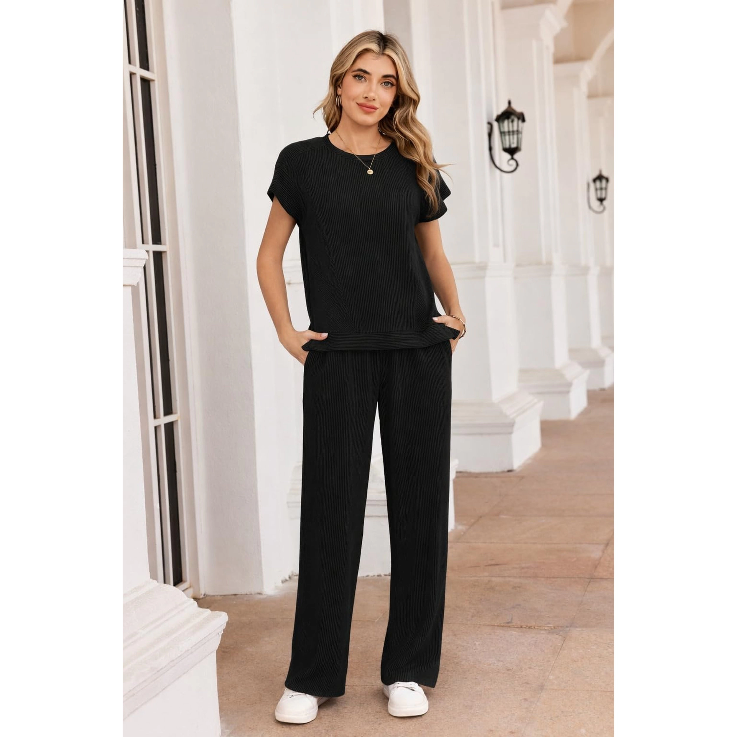 Ekouaer Two Piece Sets for Womens Short Sleeve Top Wide Leg Pants Rib Tracksuits Lounge Set