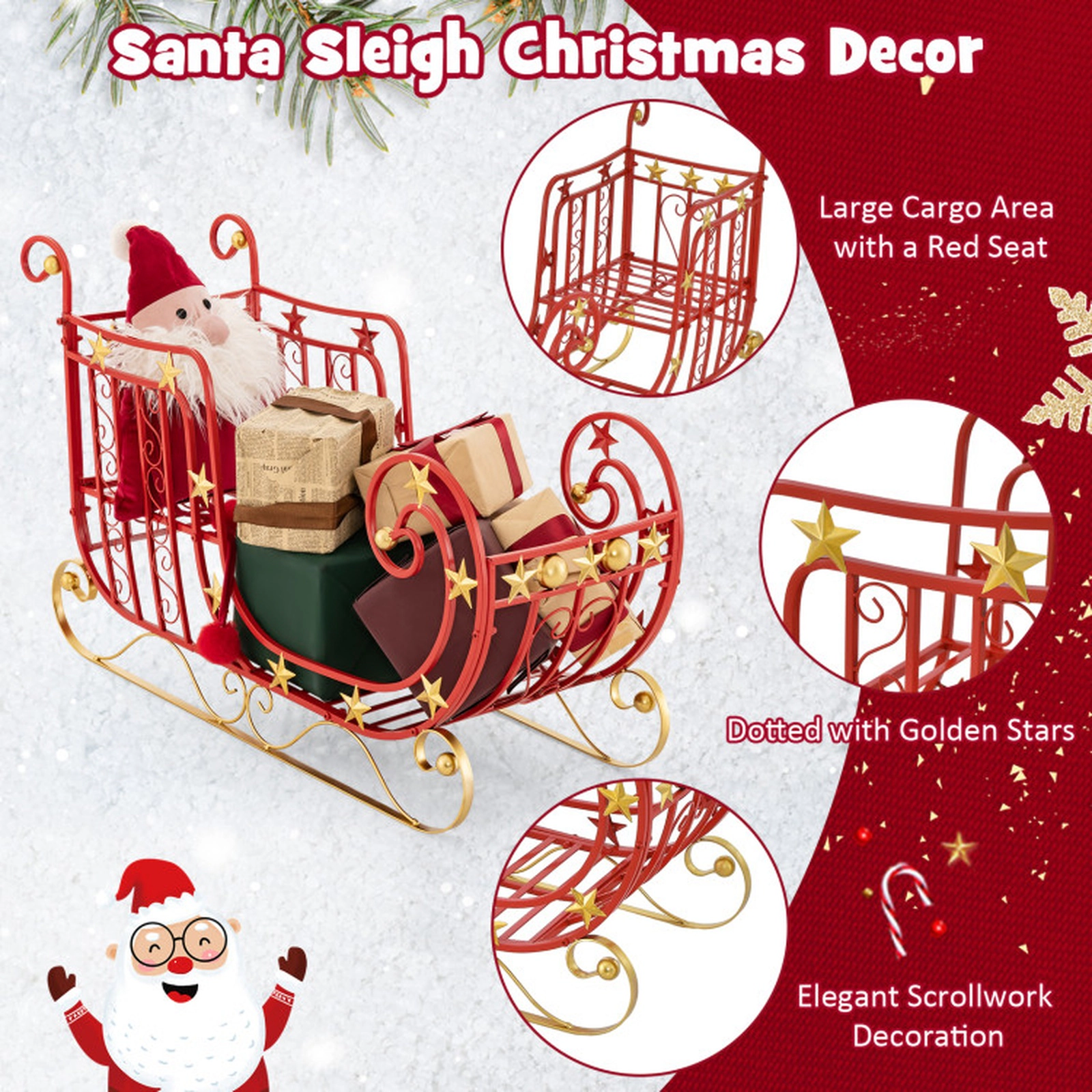 SUGIFT Red and Gold Metal Christmas Santa Sleigh Decor with Large Cargo Area 39-in W 14-in D 24-in H