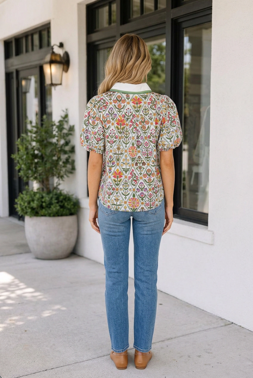 Threaded Pear Women's Violet Sleeve Floral Shirt
