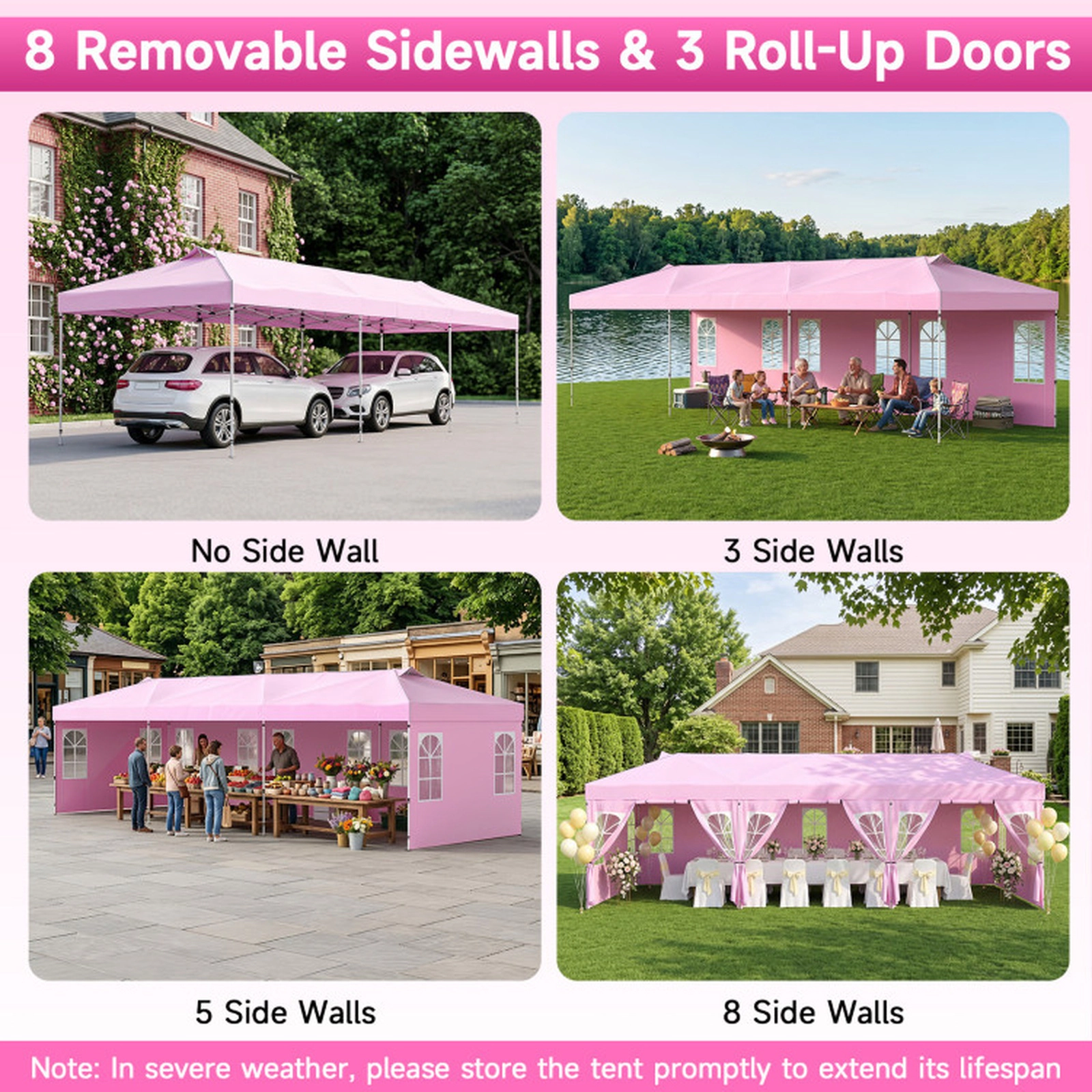 SUGIFT Pink Adjustable Pop Up Party Canopy Tent with 8 Sidewalls and 17 Ground Stakes 30-ft W 10-ft D 8.5-ft H