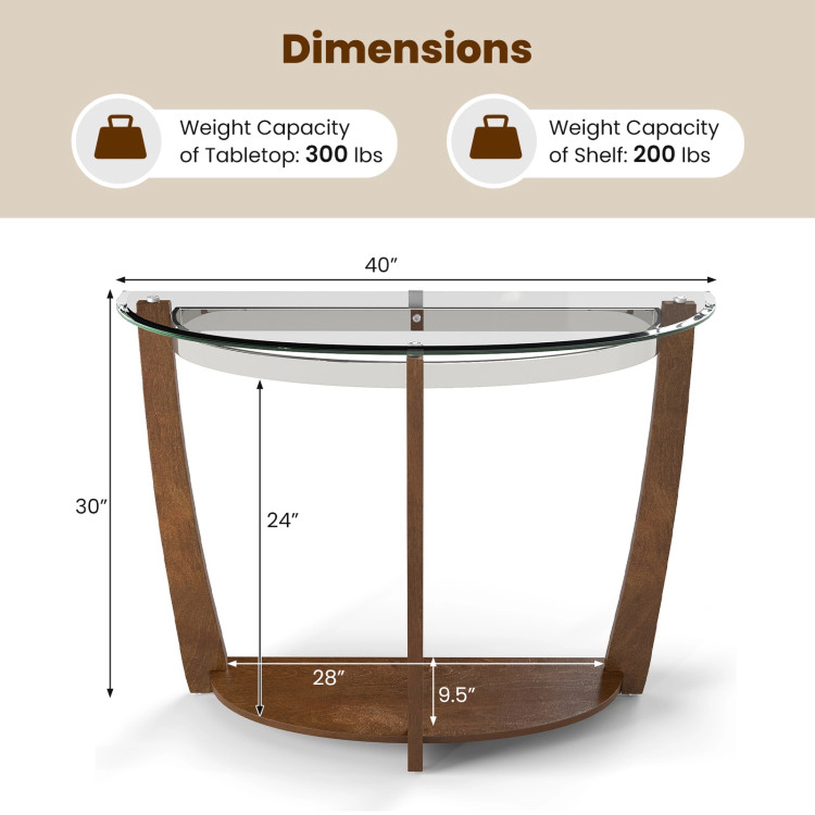 SUGIFT 2-tier Tempered Glass Console Table Half-Moon Top 300-lb Tabletop Capacity 200-lb Shelf Capacity Black/Walnut