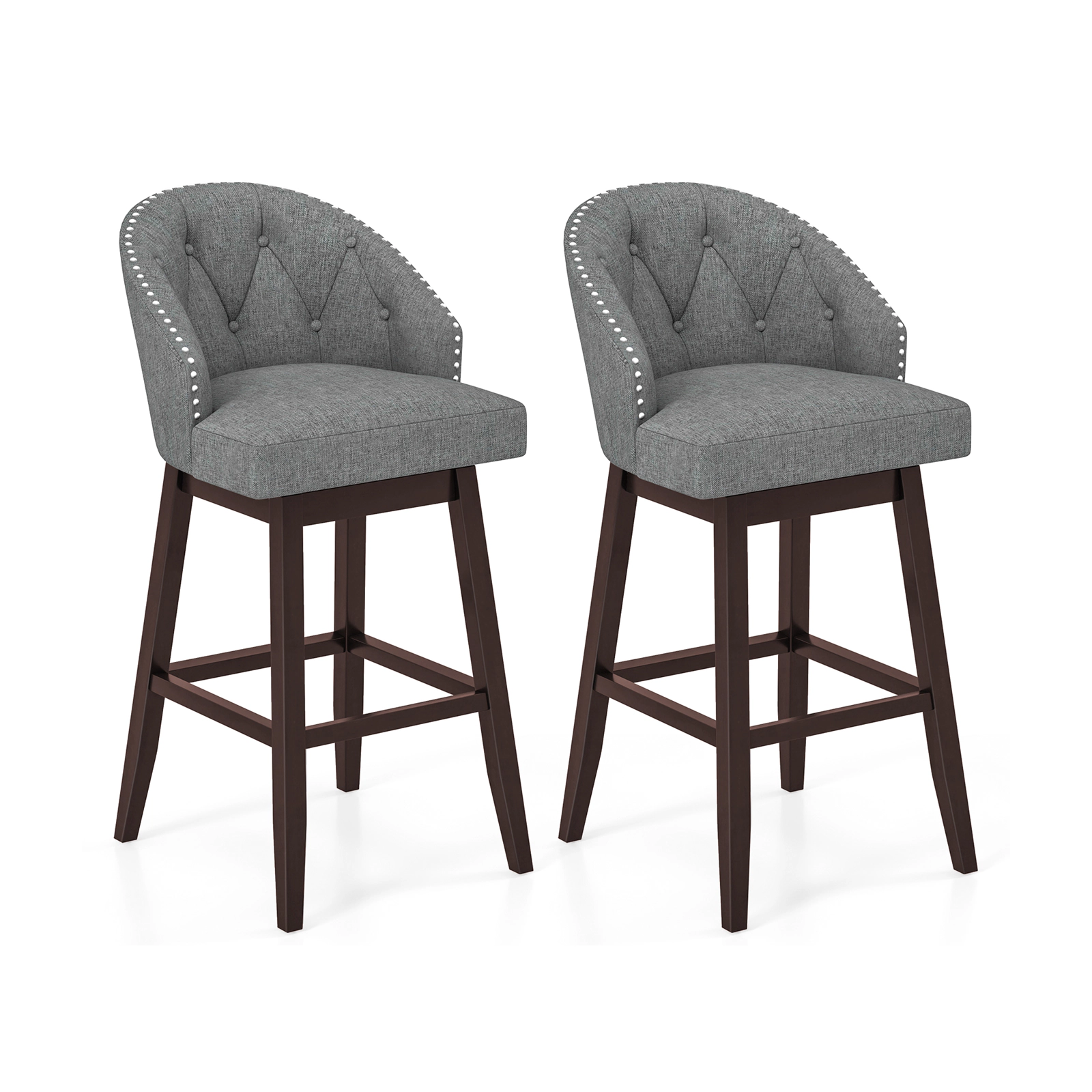 SUGIFT Set of 2 Swivel Bar Stools with Rubber Wood Legs and Padded Back 330-lb Capacity 31-in Seat Height Gray & Walnut