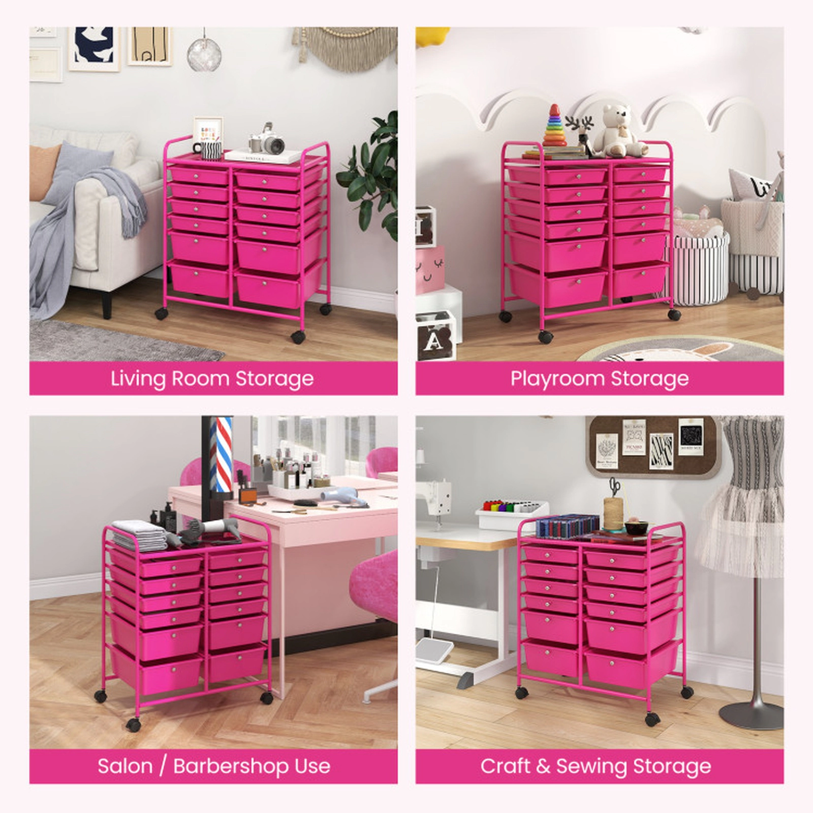SUGIFT 12-Drawer Rolling Storage Cart Removable Drawers Metal Top 4 Casters 2 Brakes Salon Office Craft Storage Rose Red