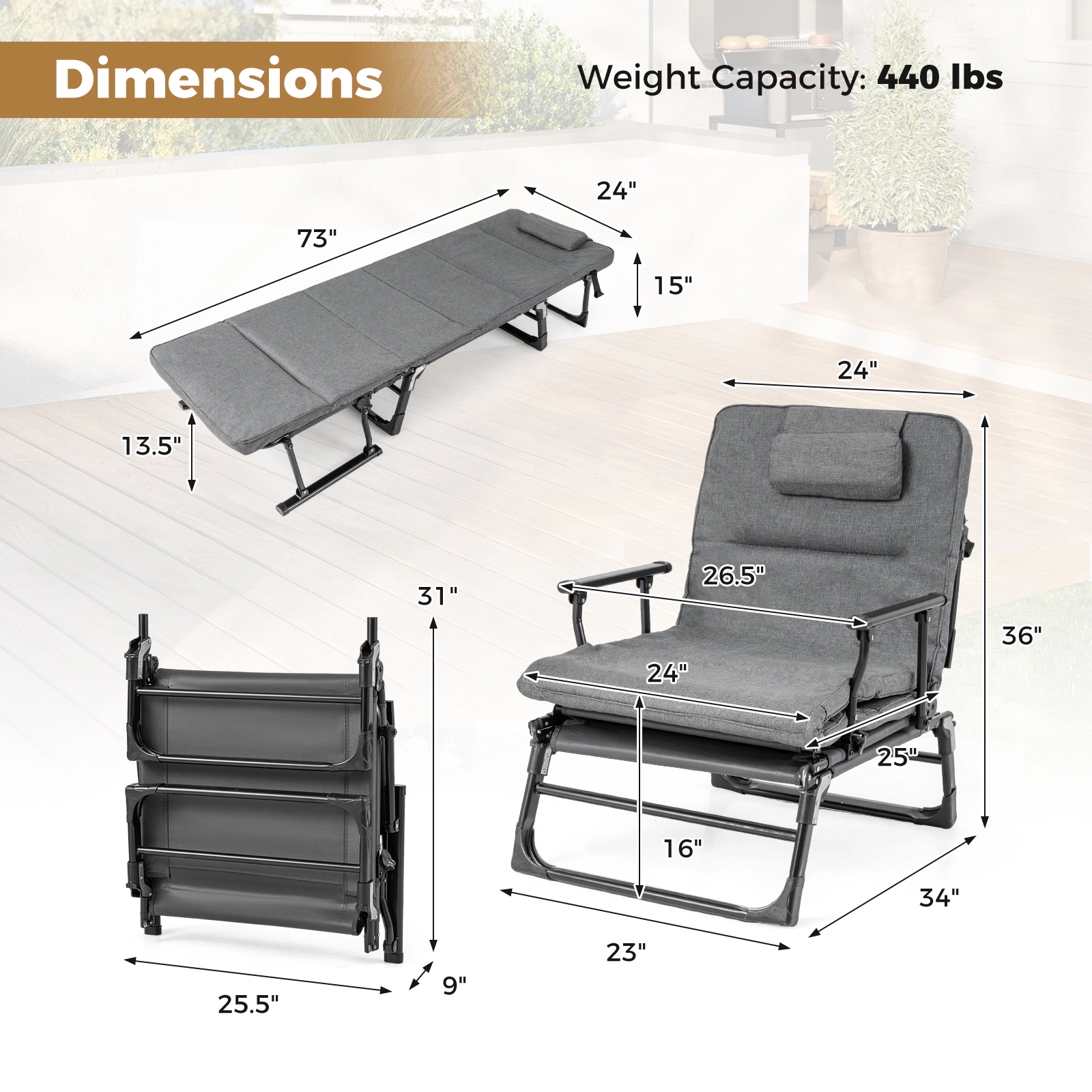 SUGIFT 3-in-1 Folding Camping Cot Single Sofa Chaise Lounge Chair with Mattress 440-lb Capacity Gray and Black