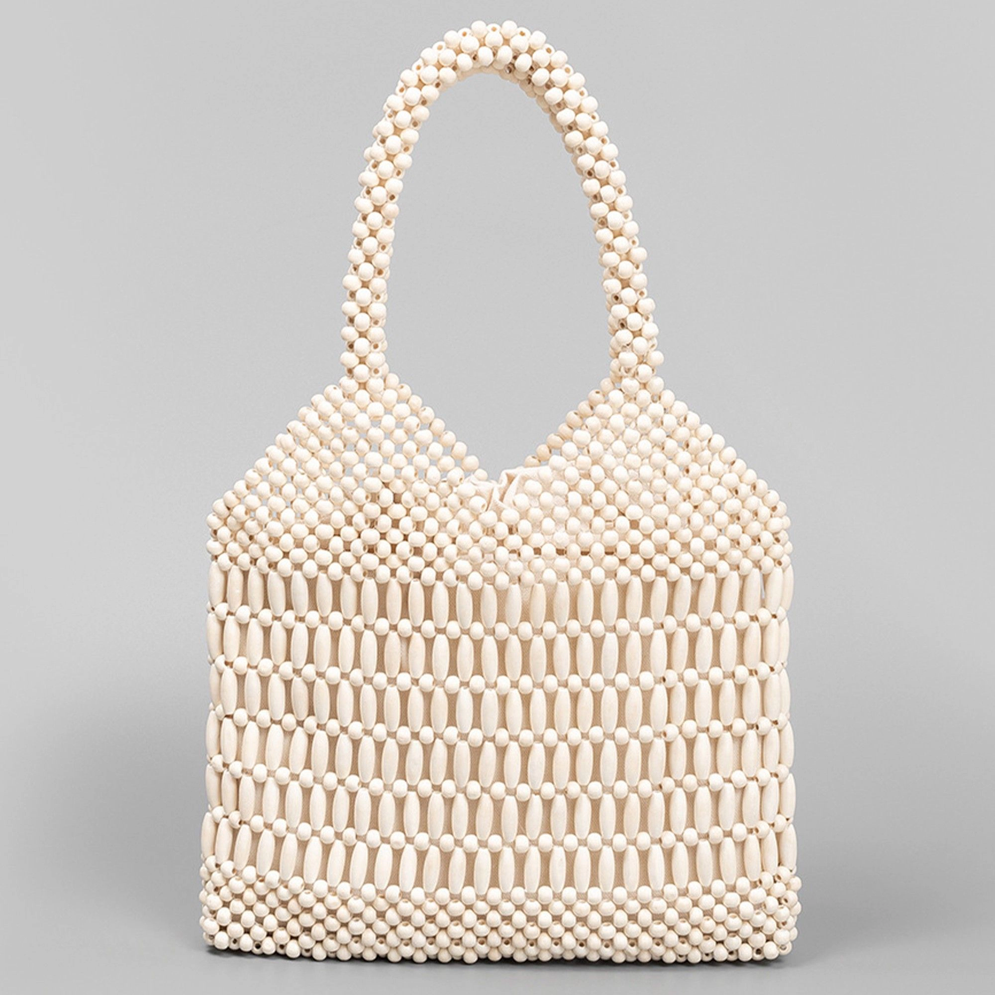 Alilang Women's Beaded Tote Bag Structured Wooden Bead Handbag Open Weave Large Shoulder Bag Lightweight Carryall Purse
