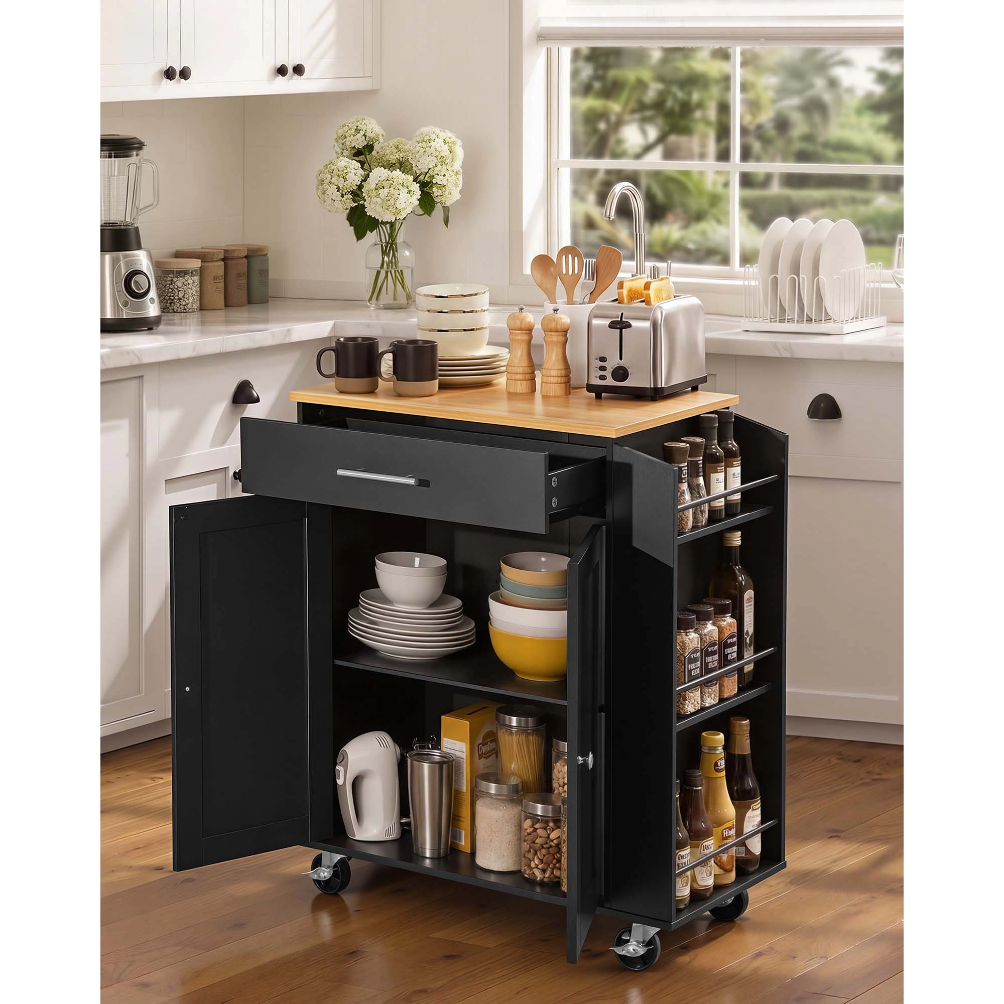 HONGGE Kitchen Island Cart with Storage Mobile Rolling Storage Island on Swivel Wheels with Drawer Storage Cabinet Rack