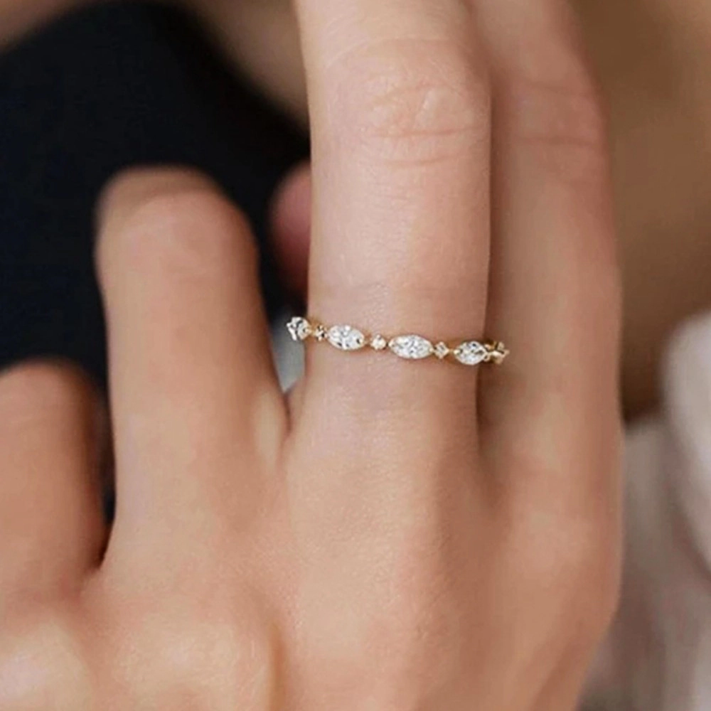 Dainty Marquise Cut Cubic Zirconia Eternity Band Ring Gold‑Tone Stacking Wedding Ring for Women