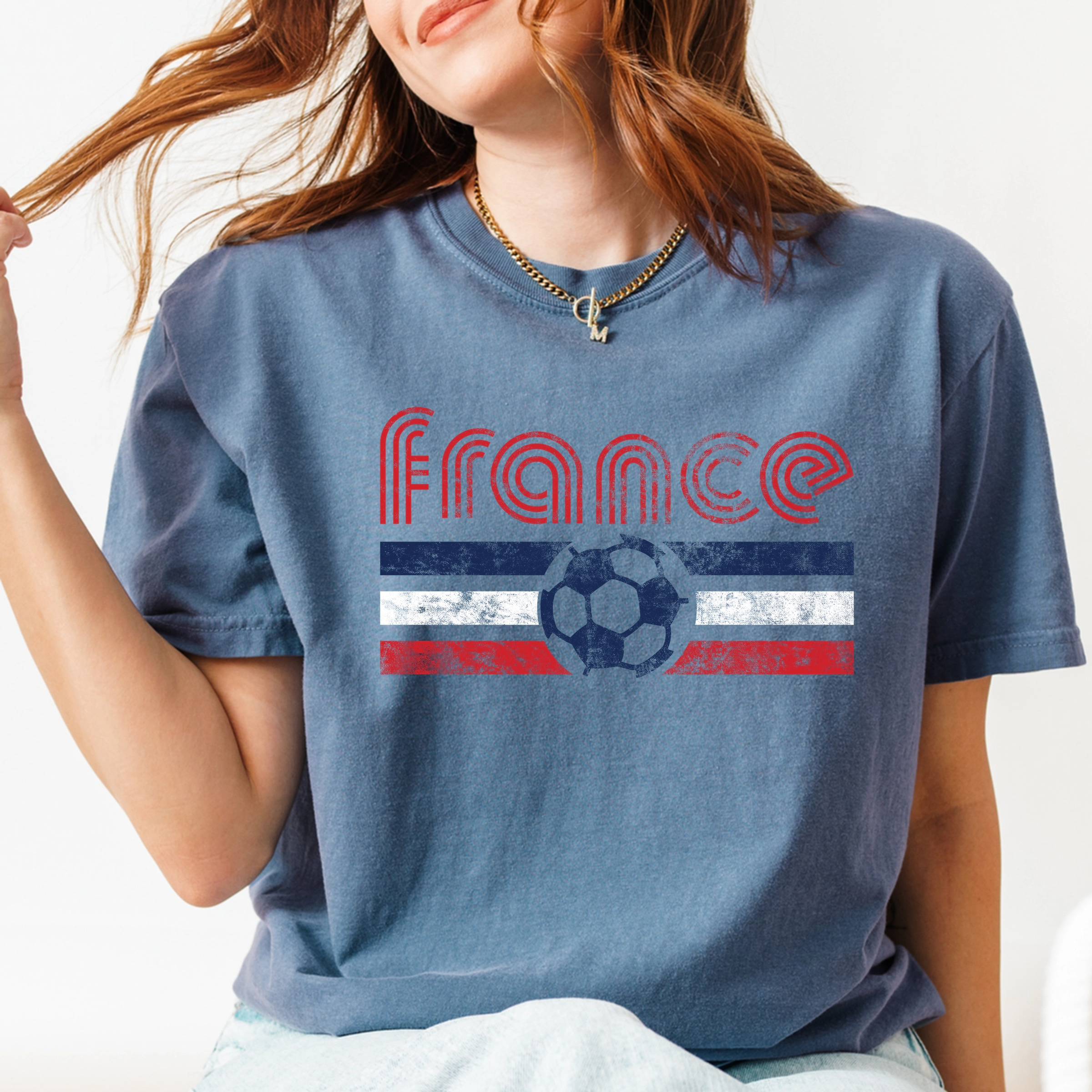 Simply Sage Market - France Soccer Flag Women's Garment Dyed Graphic T-Shirt