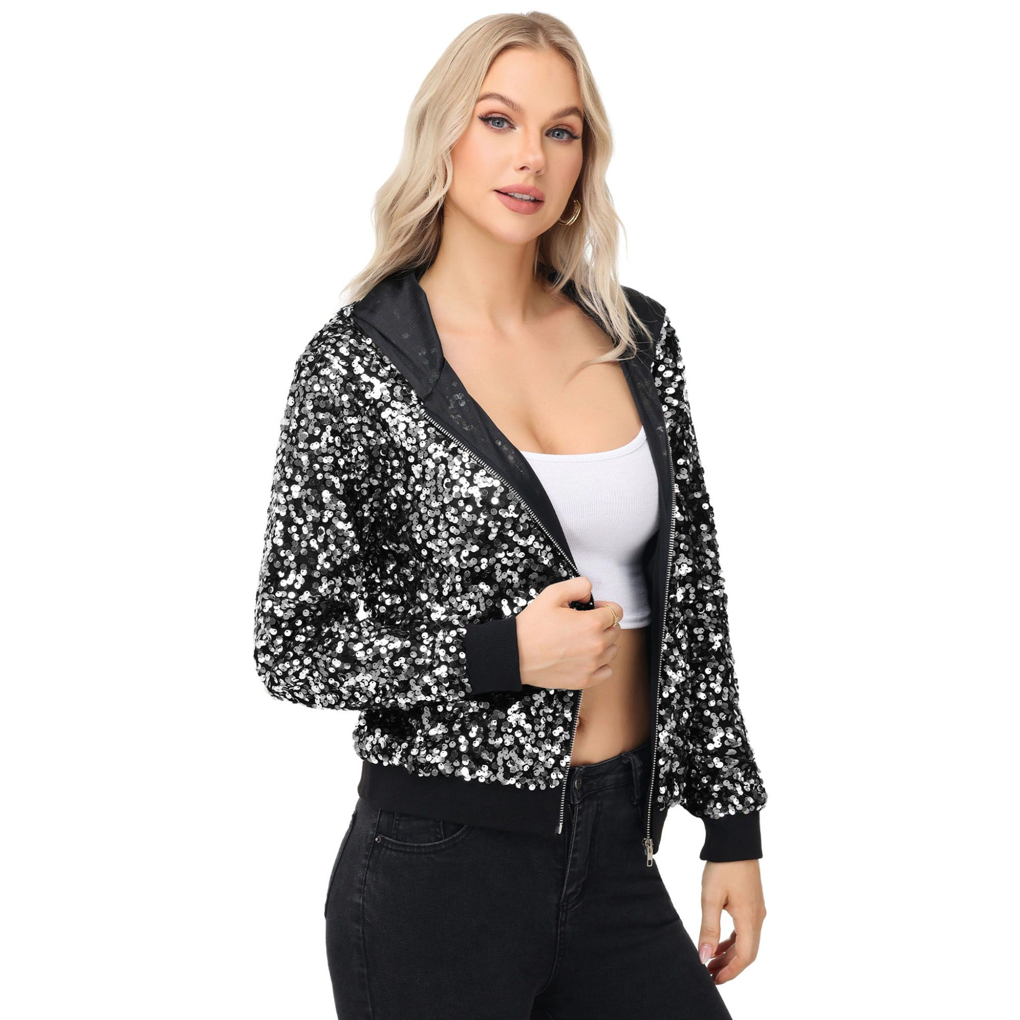 Anna-Kaci Women's Zip-Up Hoodie Jacket with Allover Sequin Embellishments and Ribbed Trim