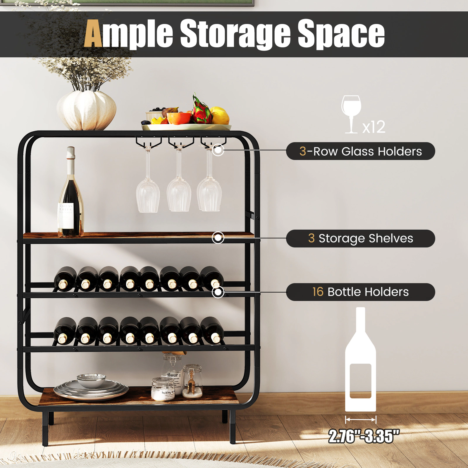 SUGIFT 5-Tier Wine Rack with Glass Holders 44-lb Tier Capacity Black and Rustic Brown