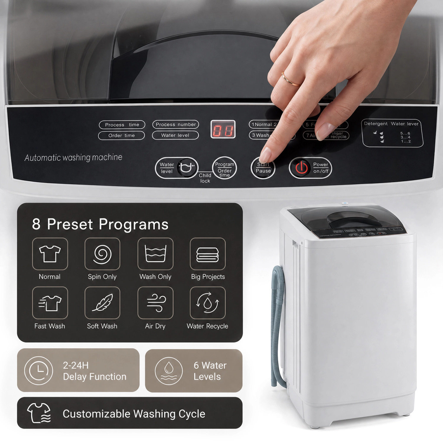 LJG 9.93 lbs Full Automatic Washing Machine with 8 Preset Programs