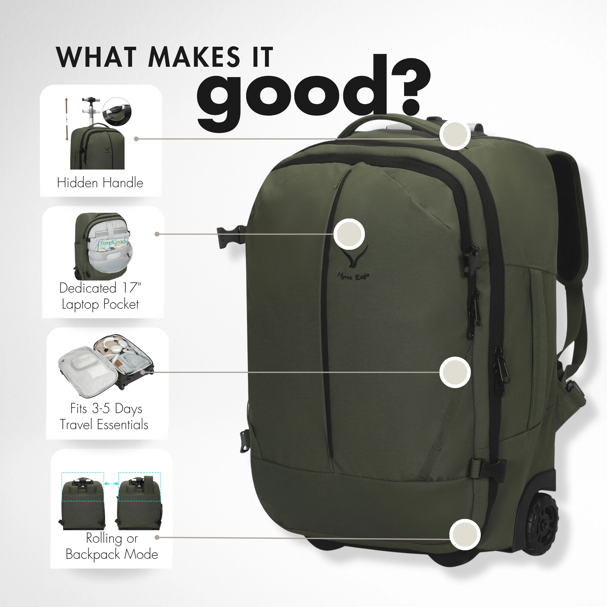 Hynes Eagle Unisex Duo 2-in-1 Rolling Travel Backpack