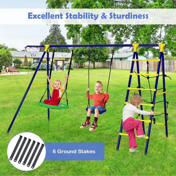Hivvago 5-In-1 Outdoor Kids Swing Set With A-Shaped Metal Frame And Ground Stake