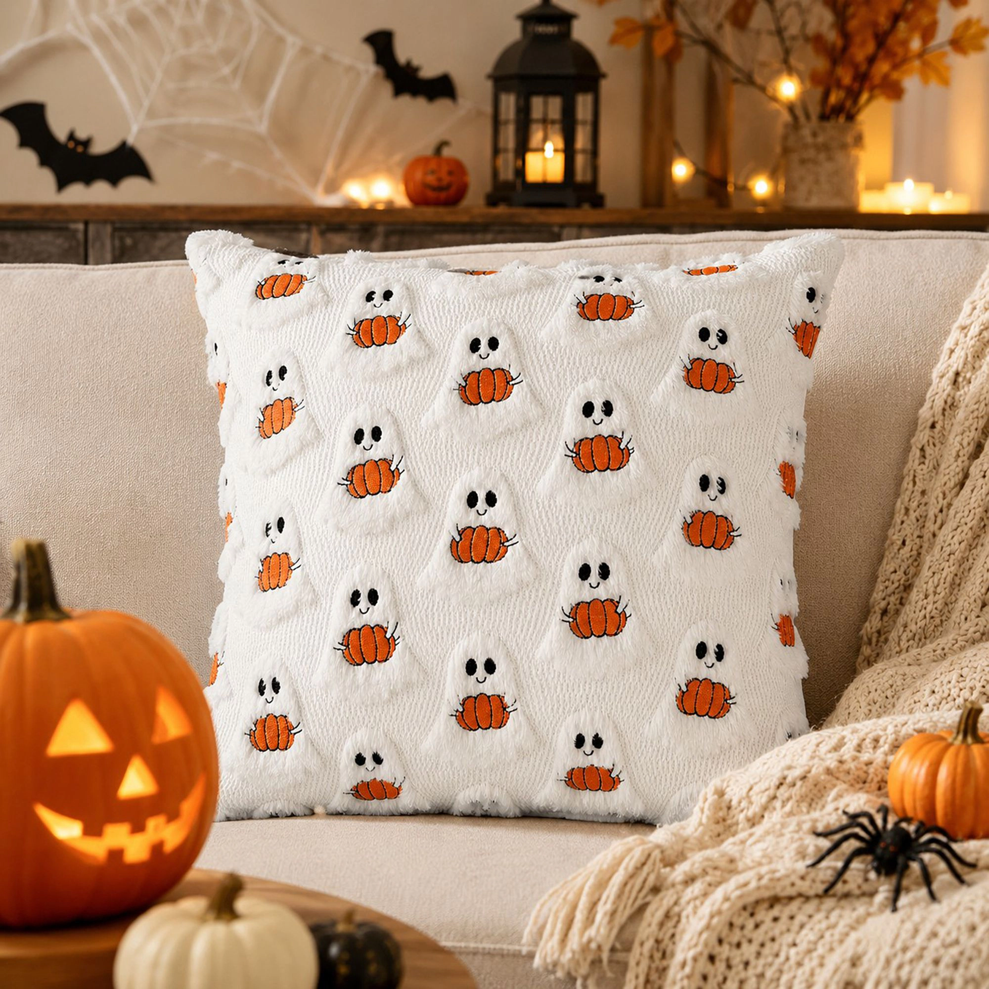 Alilang Halloween Textured Pumpkin Ghost Decorative Throw Pillow Cover
