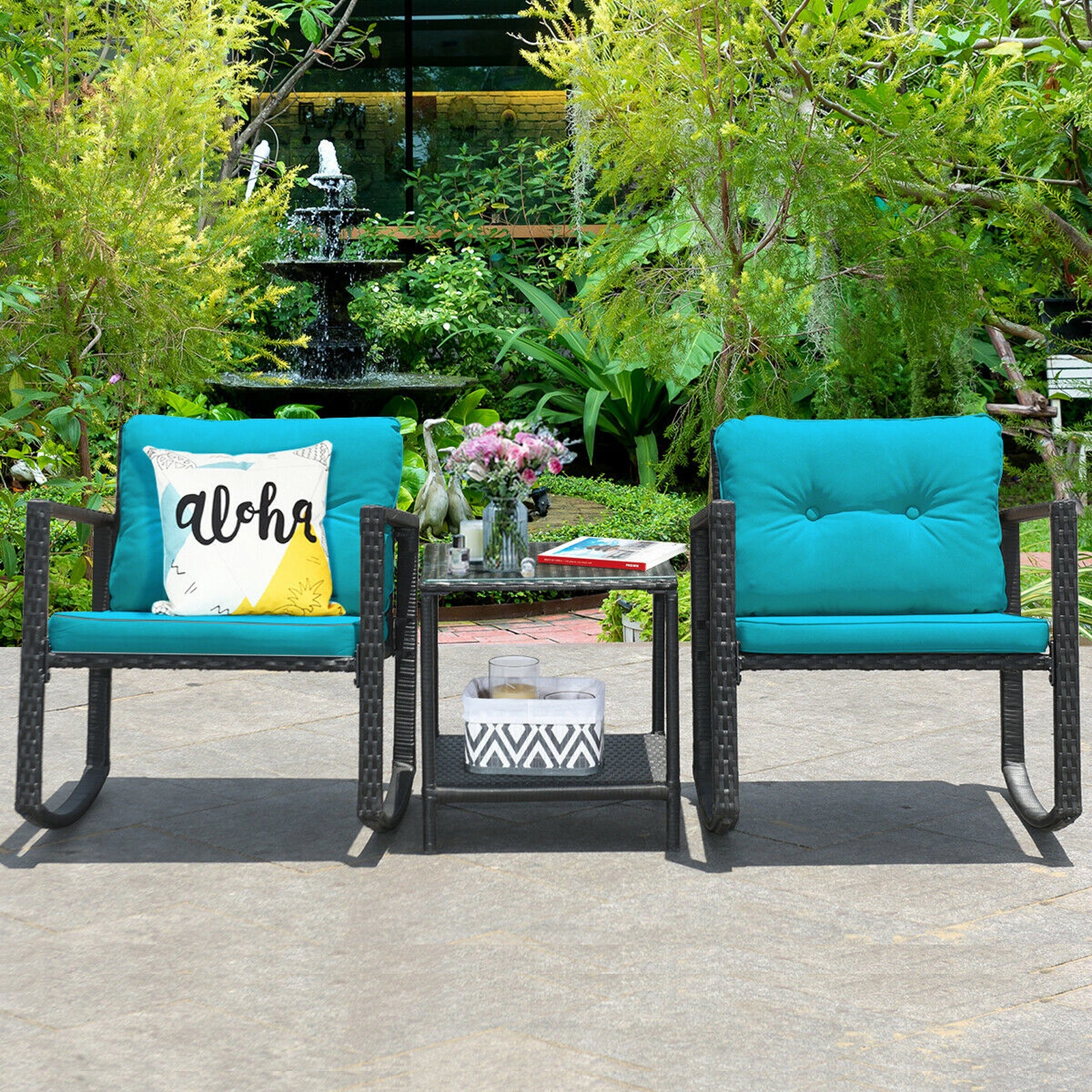 SUGIFT 3-Piece Blue Wicker Rocking Bistro Set with Cushions and Glass Table