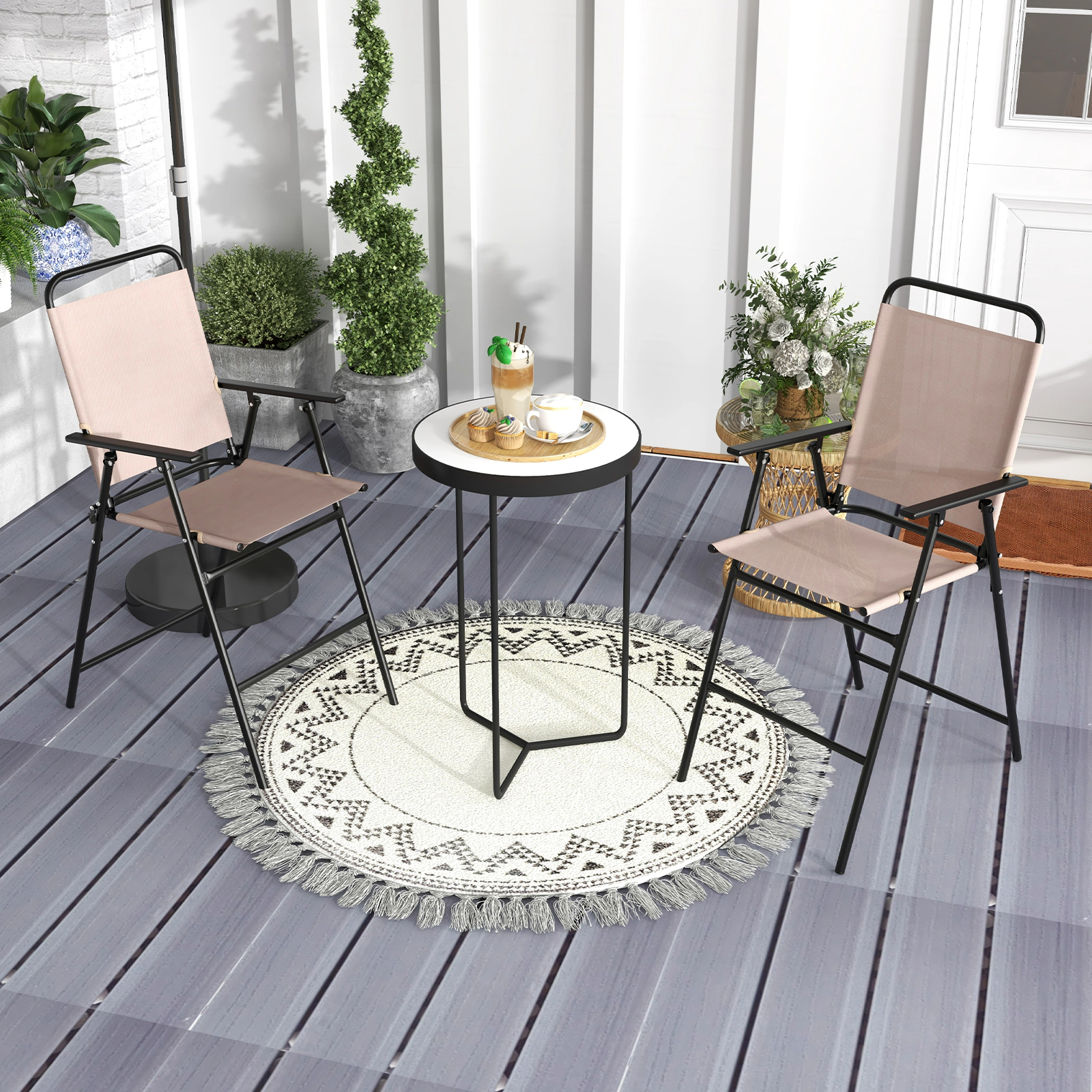SUGIFT Set of 2 Beige Folding Bar-Height Patio Chairs, 24-Inch Seat, Mesh, Armrests and Footrests