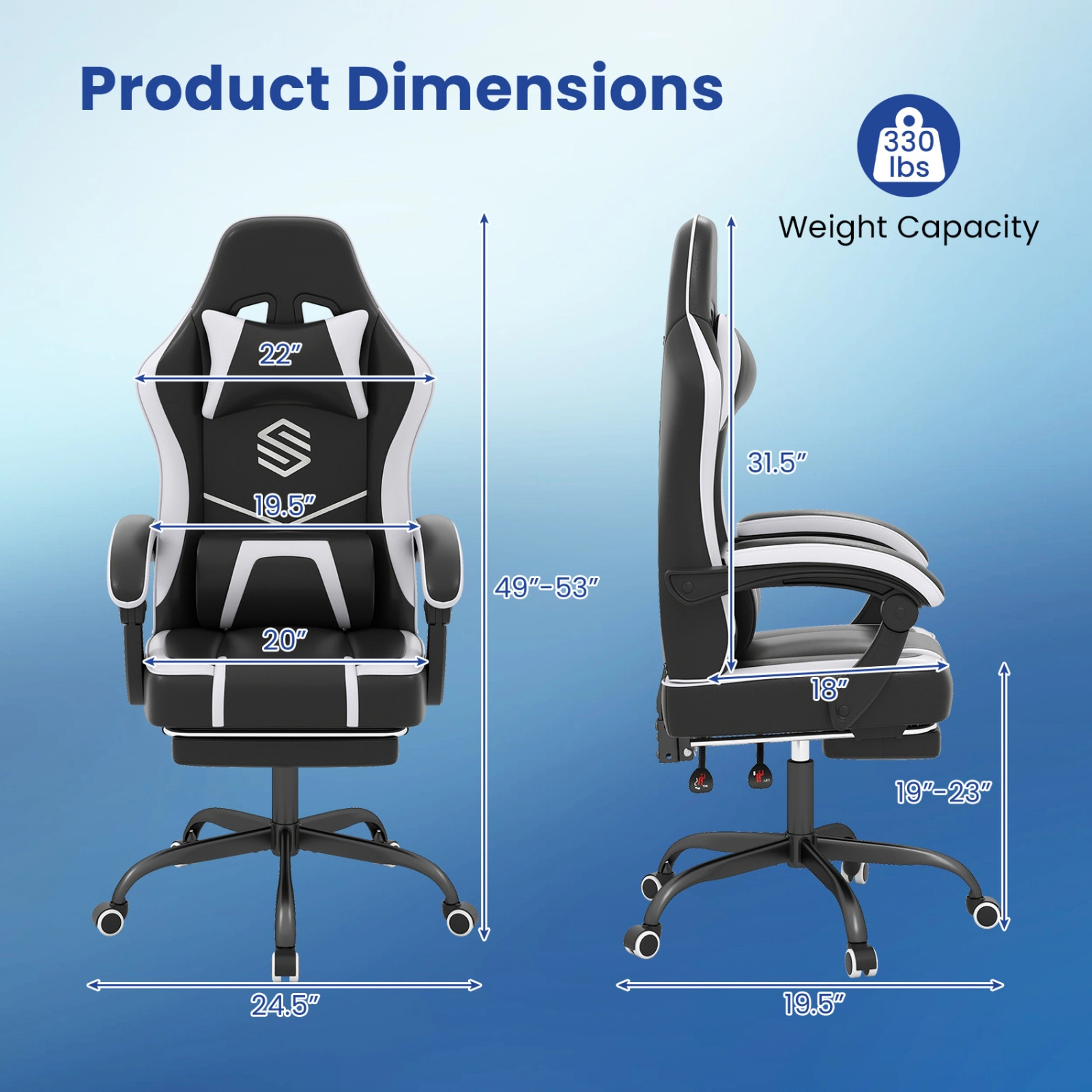 SUGIFT Ergonomic Gaming Computer Chair with Headrest and Lumbar Support 330-Lb Capacity 24.5-in Wide Seat Black