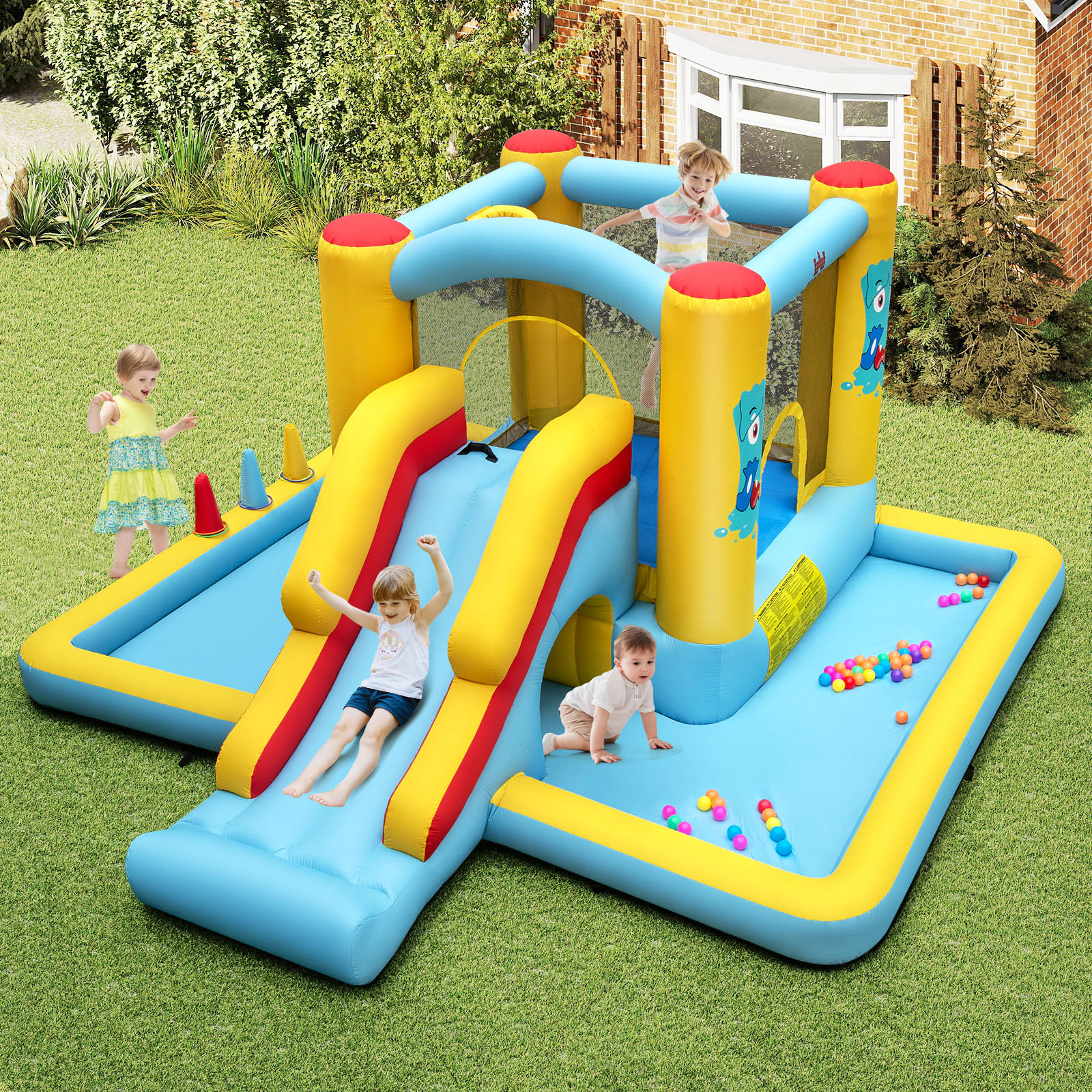 7-in-1 Inflatable Bounce House Bouncy Castle with Slide Crawl Tunnel Ball Pit 50 Ocean Balls and 550W Blower
