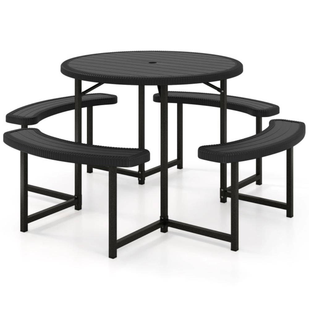 Hivvago Round Picnic Table Bench Set With 4 Benches And Umbrella Hole For Patio Lawn