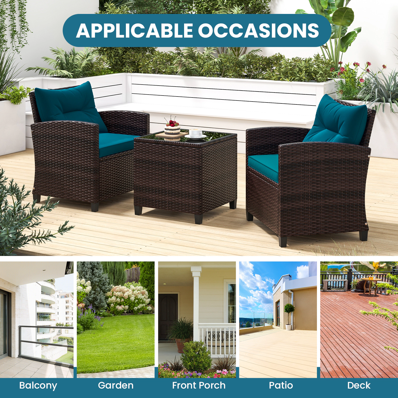 SUGIFT 3-Piece Rattan Patio Conversation Set with Steel Frame 360-lb Chair Capacity 26.5-in Chairs Peacock Blue