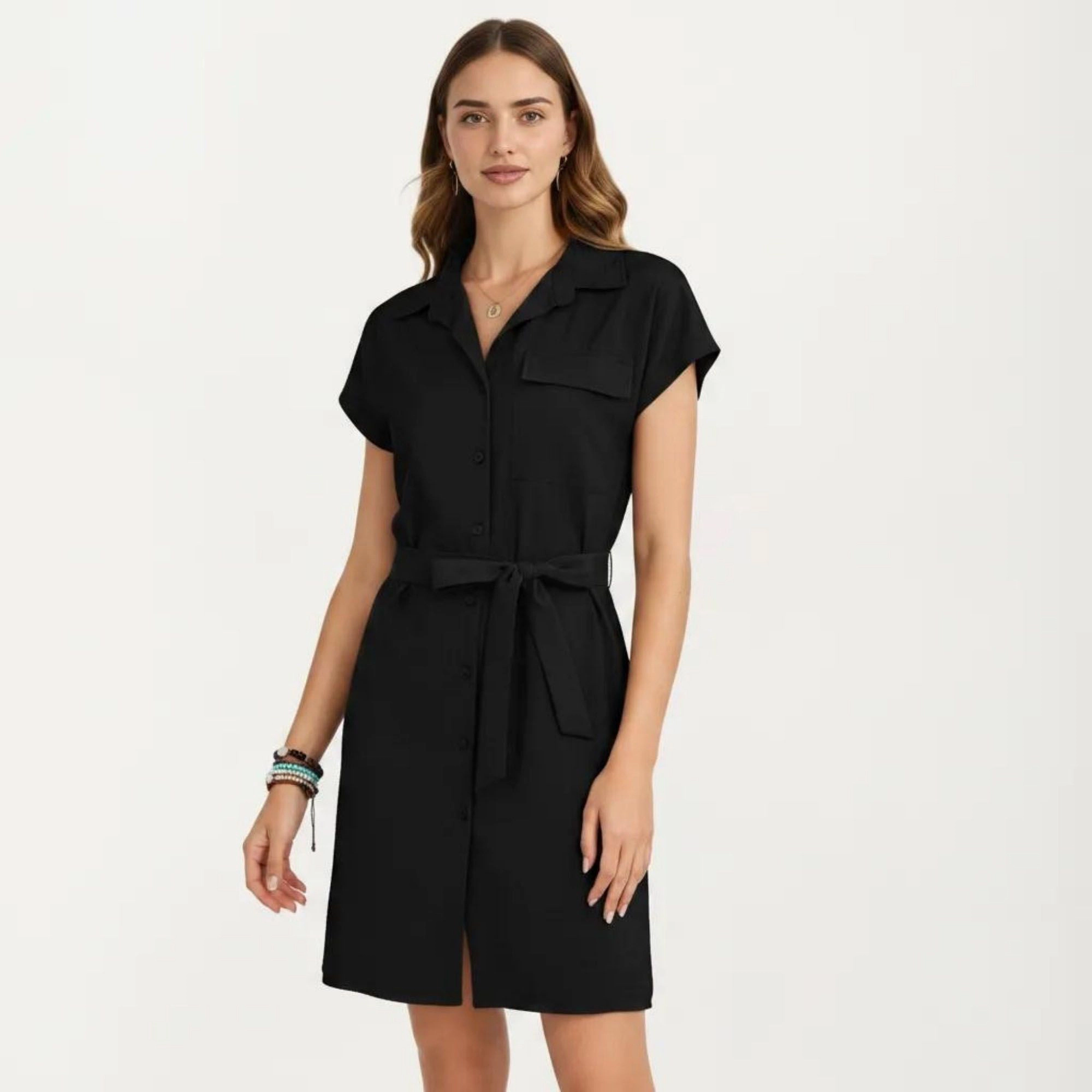 Anna-Kaci Women's Short Sleeve Button Front Collared Neck Adjustable Waist Tie Shirt Dress