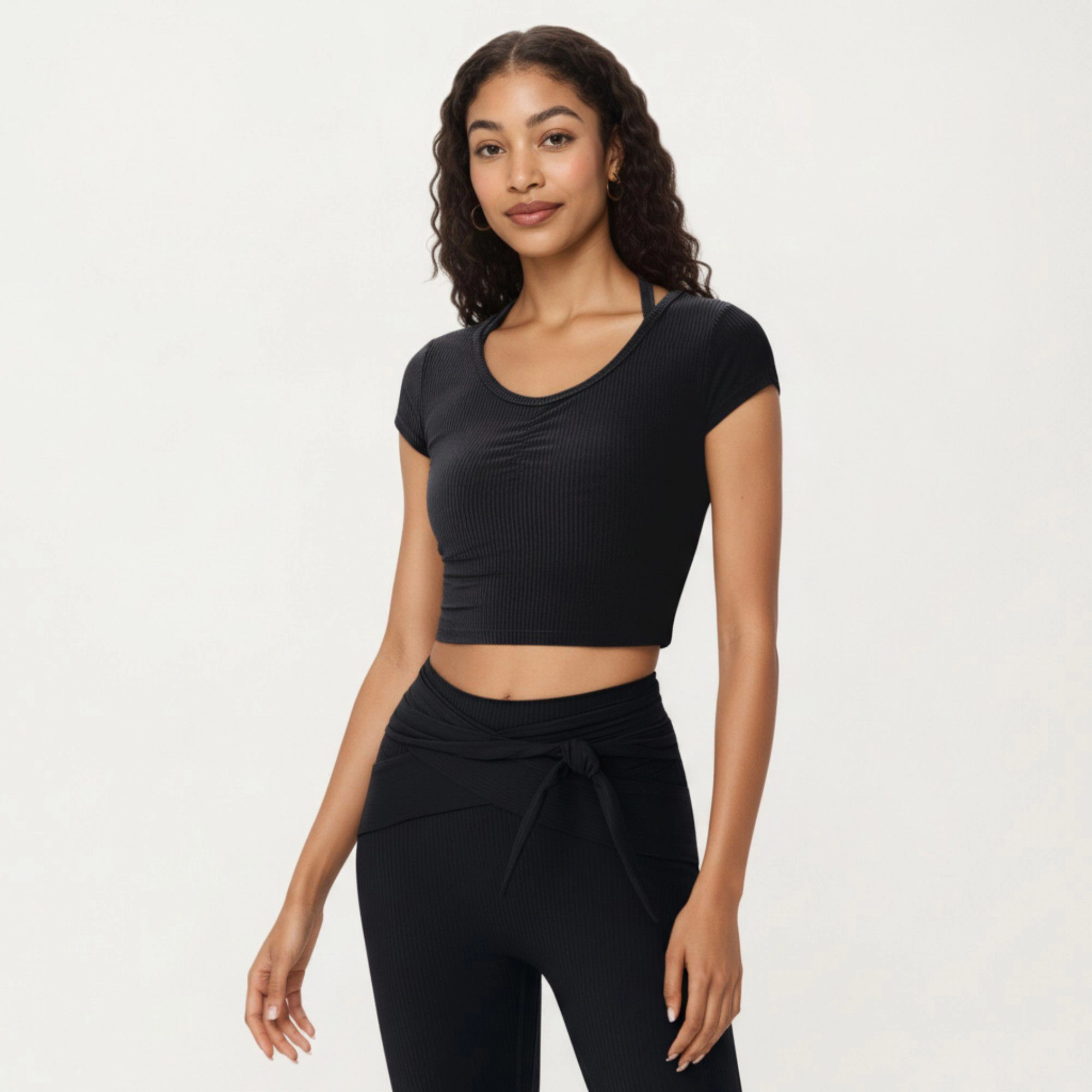Anna-Kaci Women's Short Sleeve Ribbed Active Crop Top with Scoop Neck and Back Strap Detail