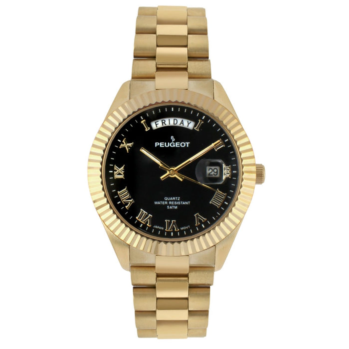 Peugeot Men's 40mm Black Face Fluted Bezel Gold Bracelet Watch
