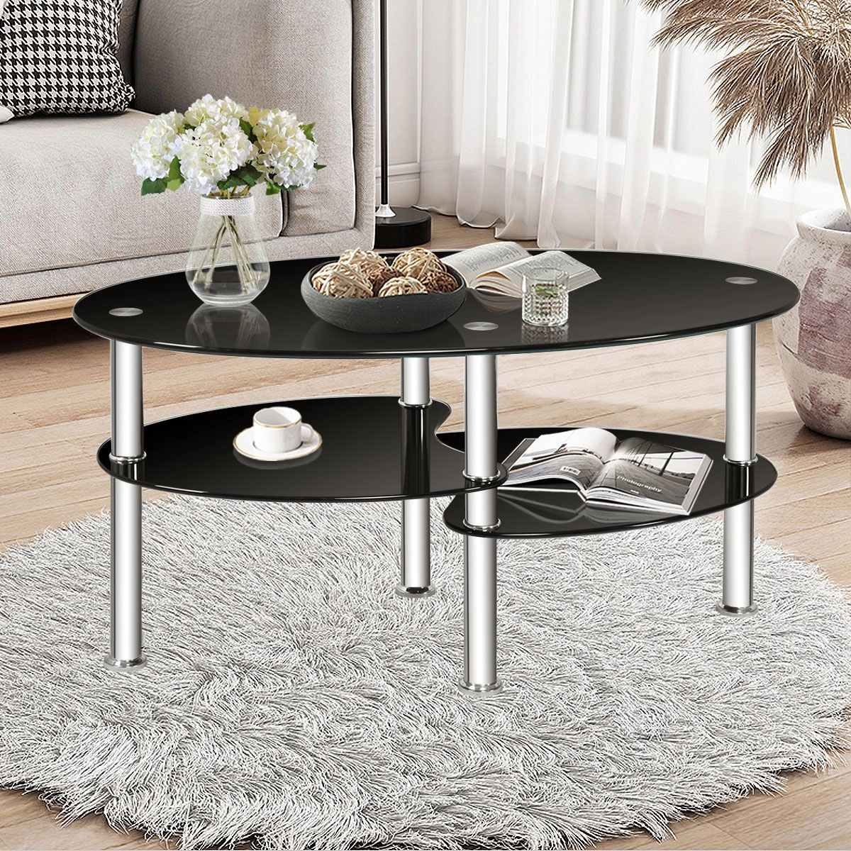 SlickBlue Tempered Glass Coffee Table with Oval Double Tier Shelf