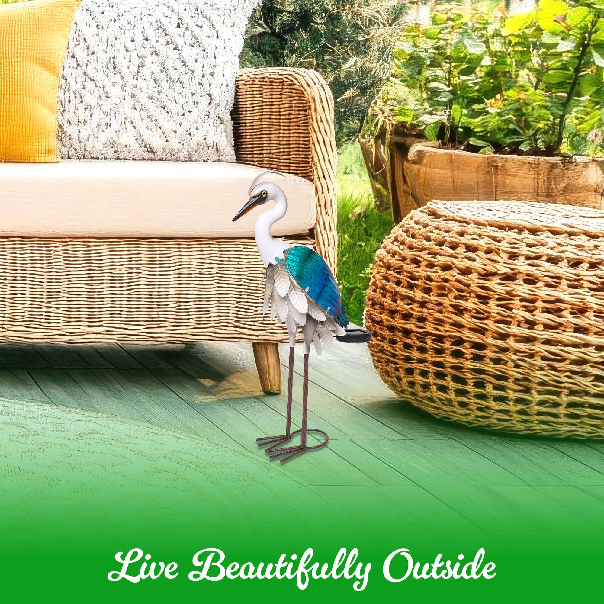 G128 Solar Metal Heron Garden Statue 24in - Blue Coastal Bird Outdoor Decor with Warm LED Lighting
