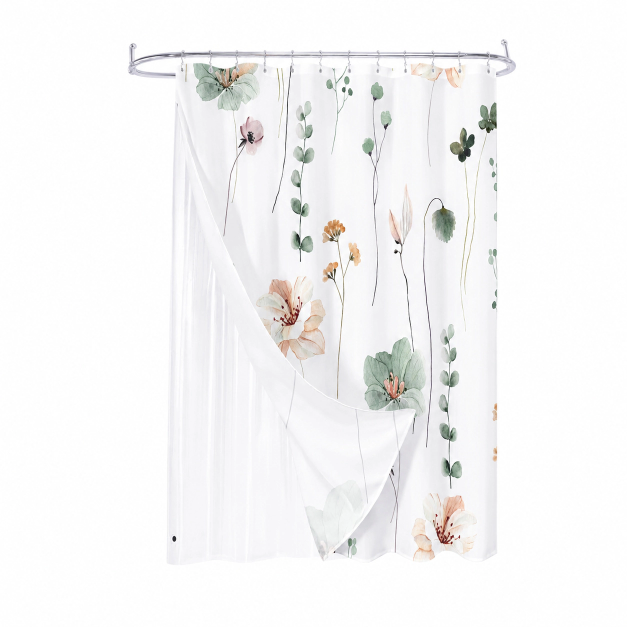 WZK 3 In 1 Watercolor Floral Waterproof Fabric with PEVA Liner and Steel Hooks Shower Curtain Set