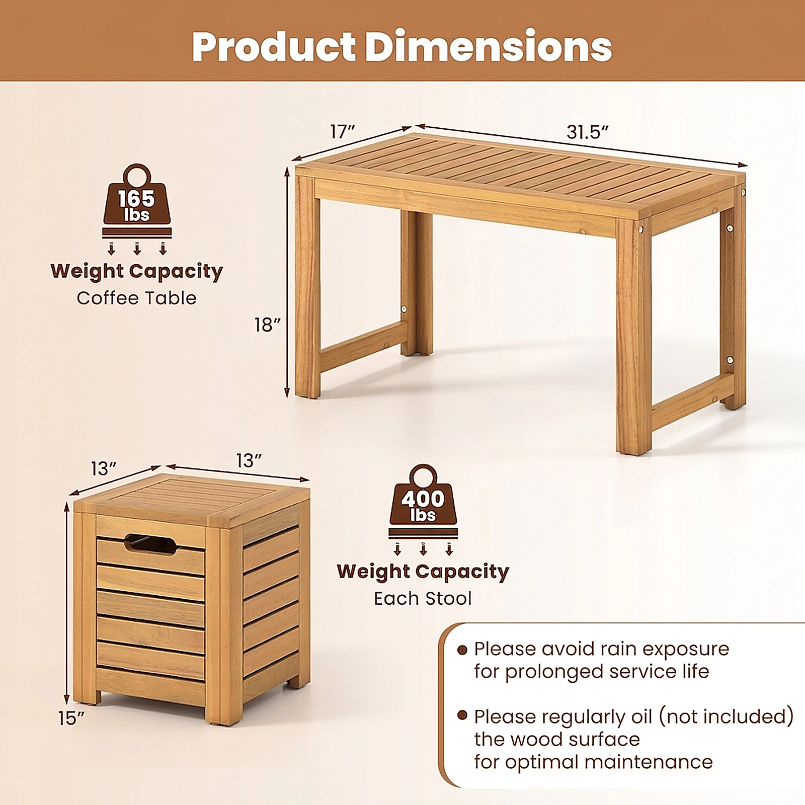 SUGIFT 2 Storage Stools 3-Piece Natural Acacia Wood Patio Coffee Table Set
