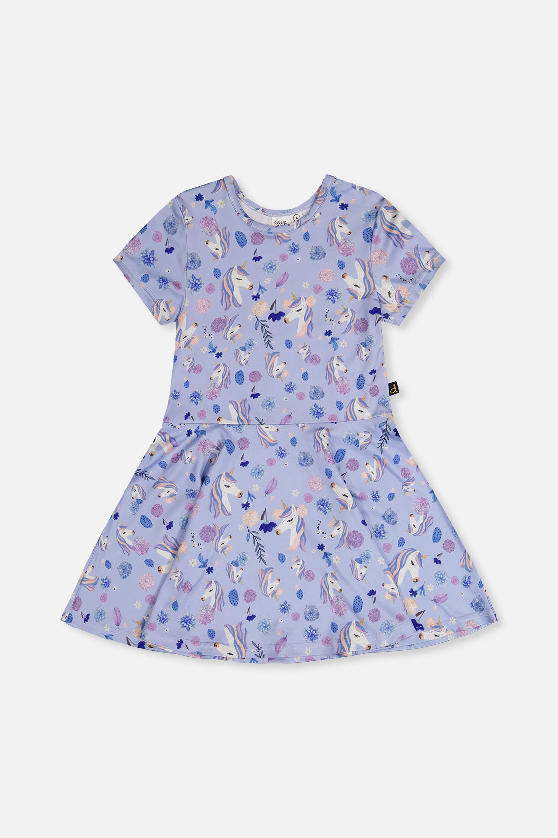 Deux par Girls Unicorn and Floral Print Short Sleeve Drop-Waist Dress