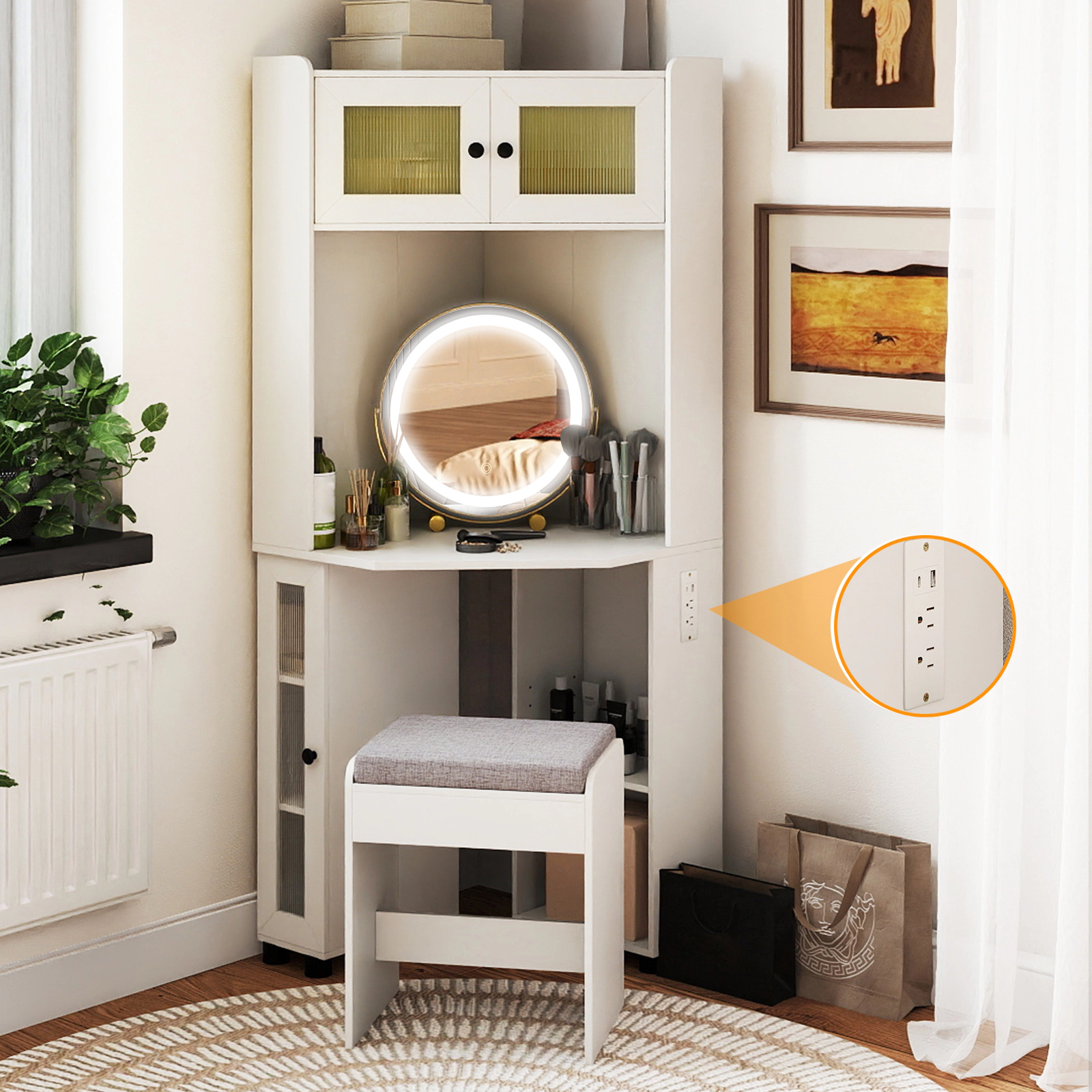 LJG Compact Dressing Corner Vanity Desk with Mirror and Lights