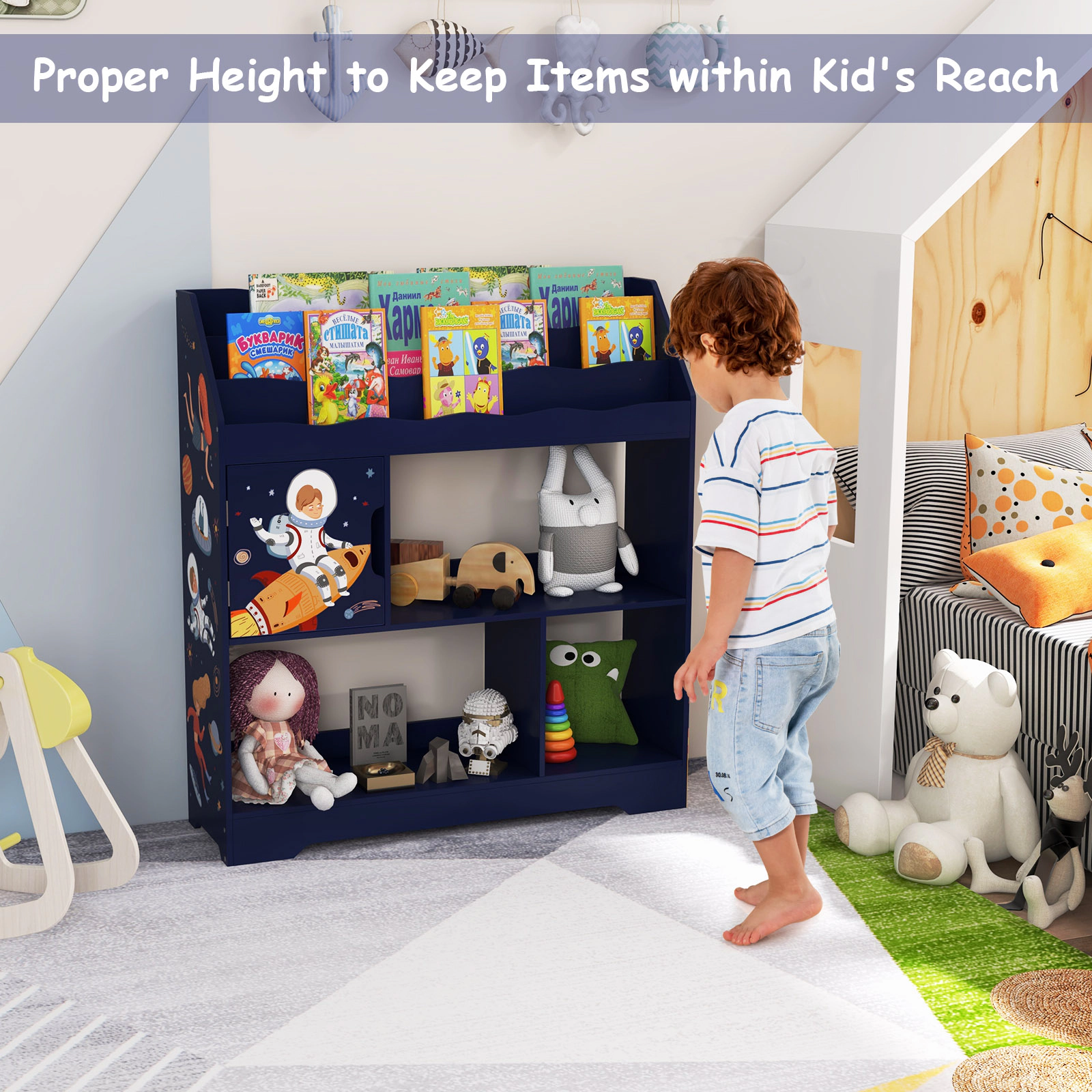 SUGIFT 3-Tier 44-lb Capacity Kids Toy Storage Organizer and Book Shelf with Magnetic Door Storage Cabinet