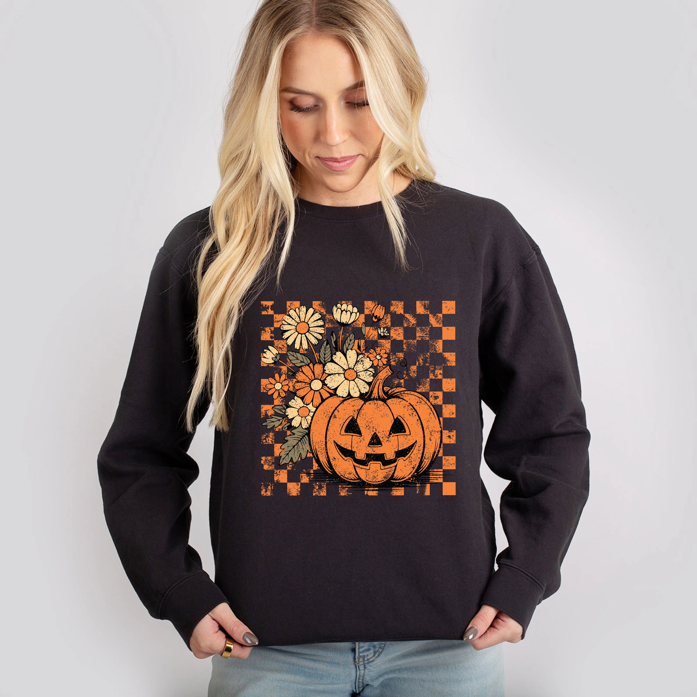 Simply Sage Market - Women's Lightweight Garment Dyed Sweatshirt Retro Floral Pumpkin