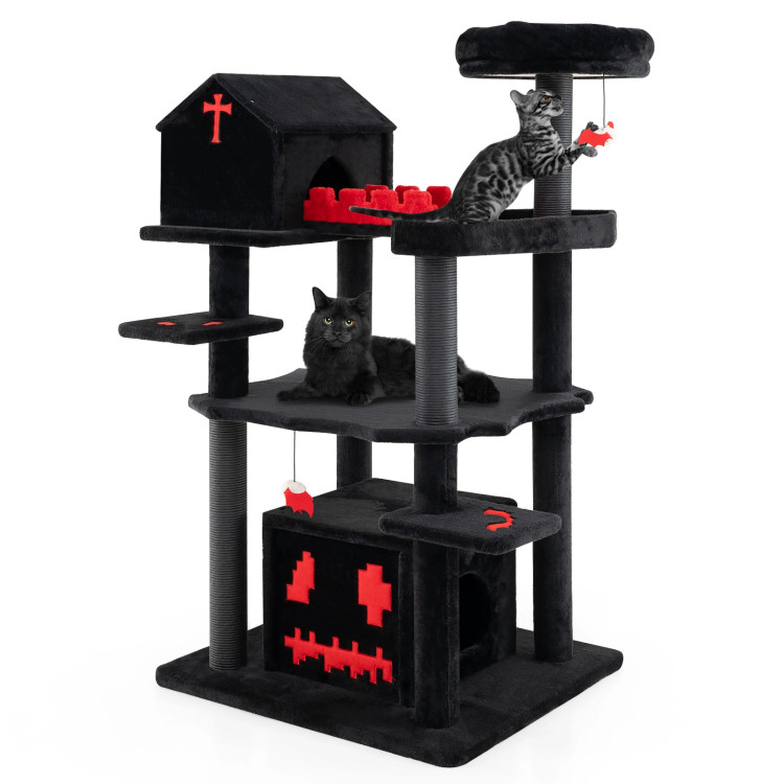 SUGIFT 49-in 6-Tier Gothic Cat Tree Tower with 2 Condos Fenced Coffin Bed 15-in Top Perch and Sisal Posts