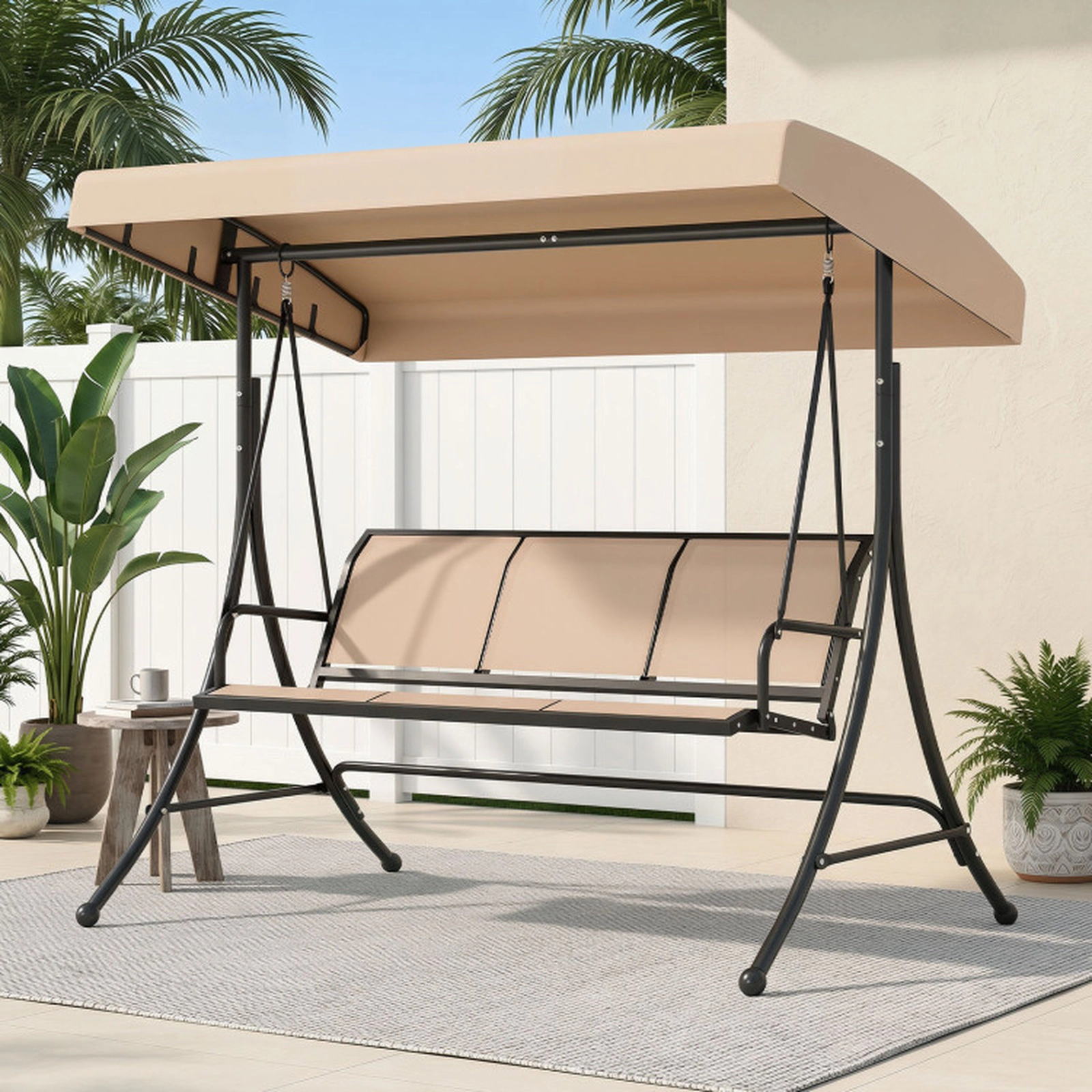 SUGIFT 3-Seat Patio Swing Chair with Adjustable Canopy 800-lb Capacity 75-in Frame 57 x 18 x 21 in Seat Beige and Black