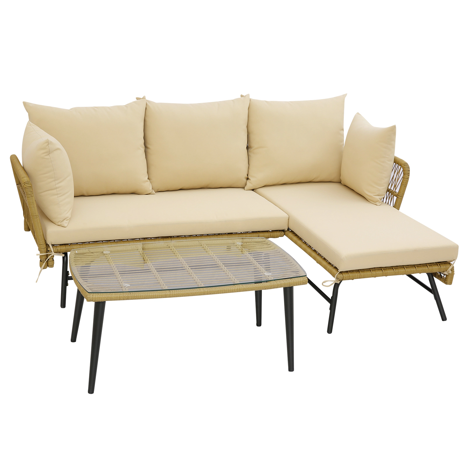 LJG 3 Pieces L-Shaped Patio Sofa with Cushions and Tempered Glass Table